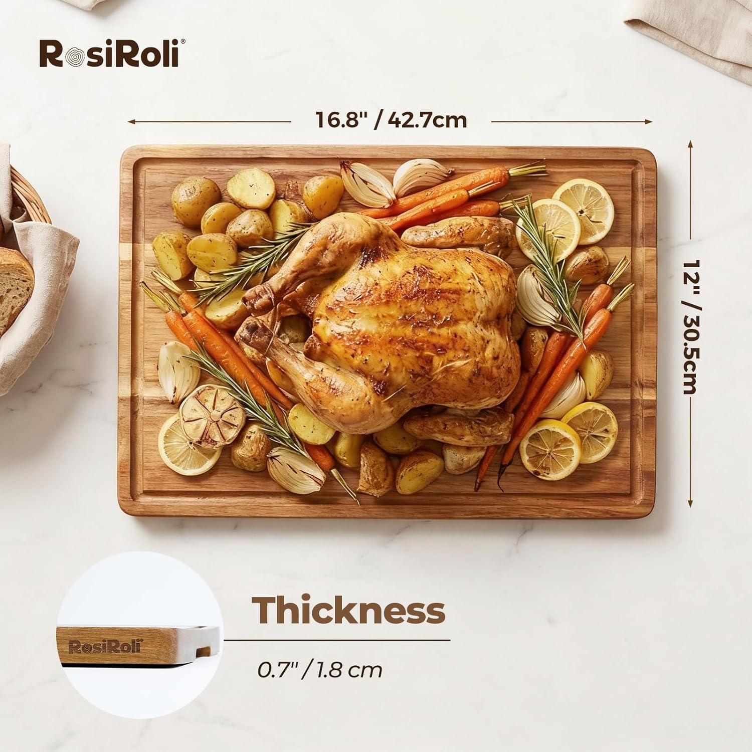 Acacia Wood Cutting Board for Kitchen - 17"x12" Large Chopping Board with Juice Grooves & Handles, 0.7" Thick Butcher Block for Meat and Veggies, Ideal Gift