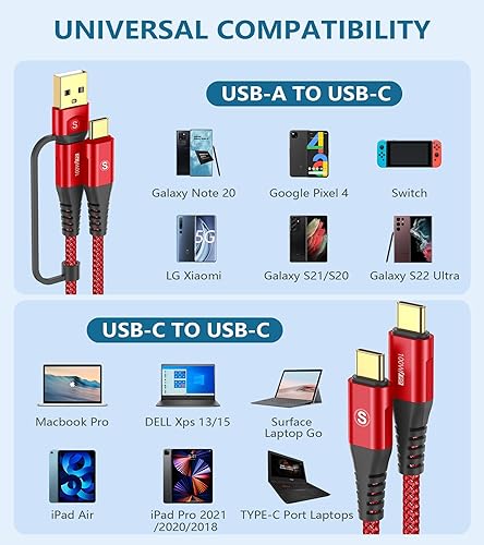 Miniatura 10 de Cable USB C a USB C de 100 W de 10 pies, Sweguard 2 en 1 USB-AC a USB-C, cable de carga rápida, color negro