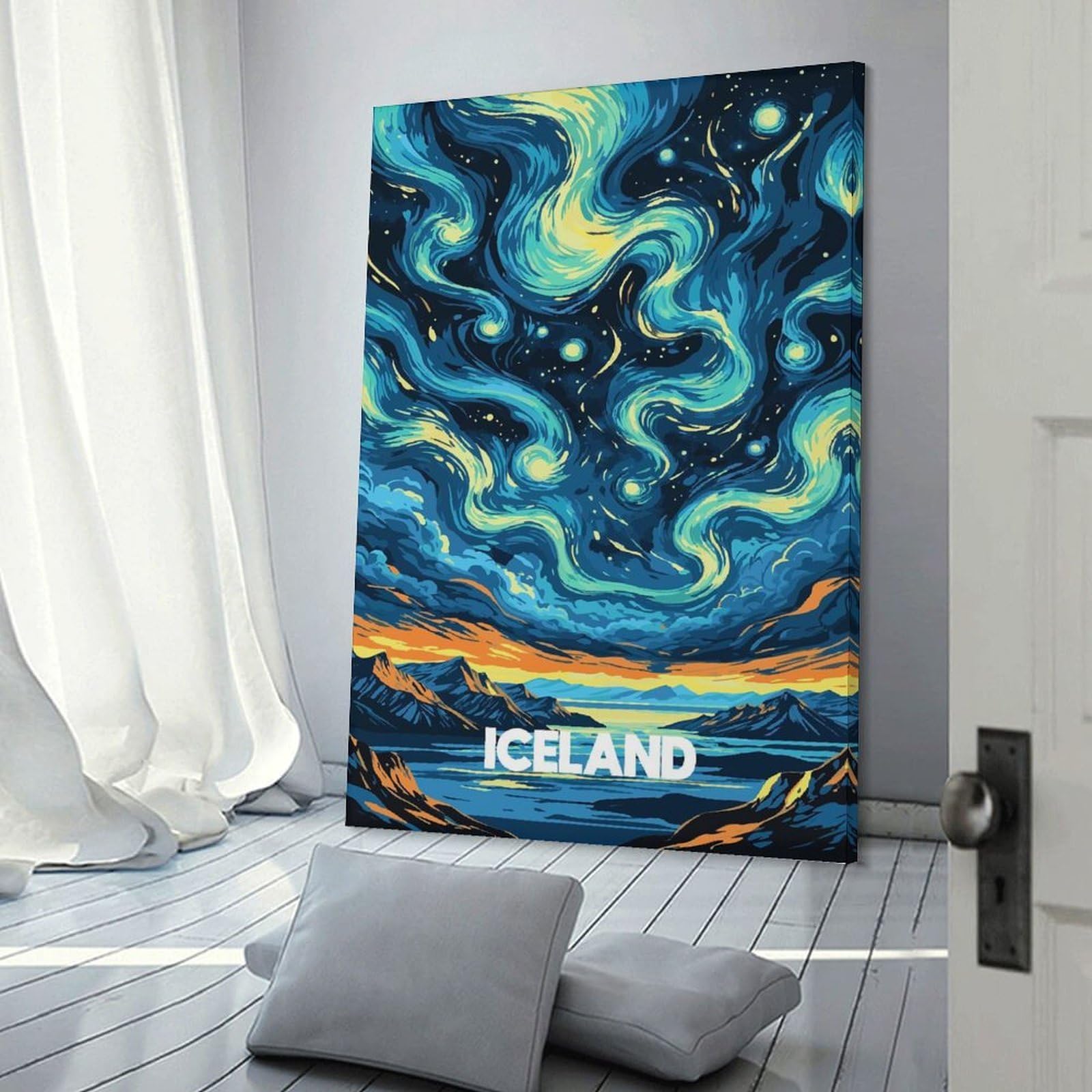 Junmoney Iceland Landscape with Starry Sky Wall Art Print, 20x30inch(50x75cm), for Bedroom Decor, Cosy Corners Or Studios, Decorative Wall Art for Cosy Rooms