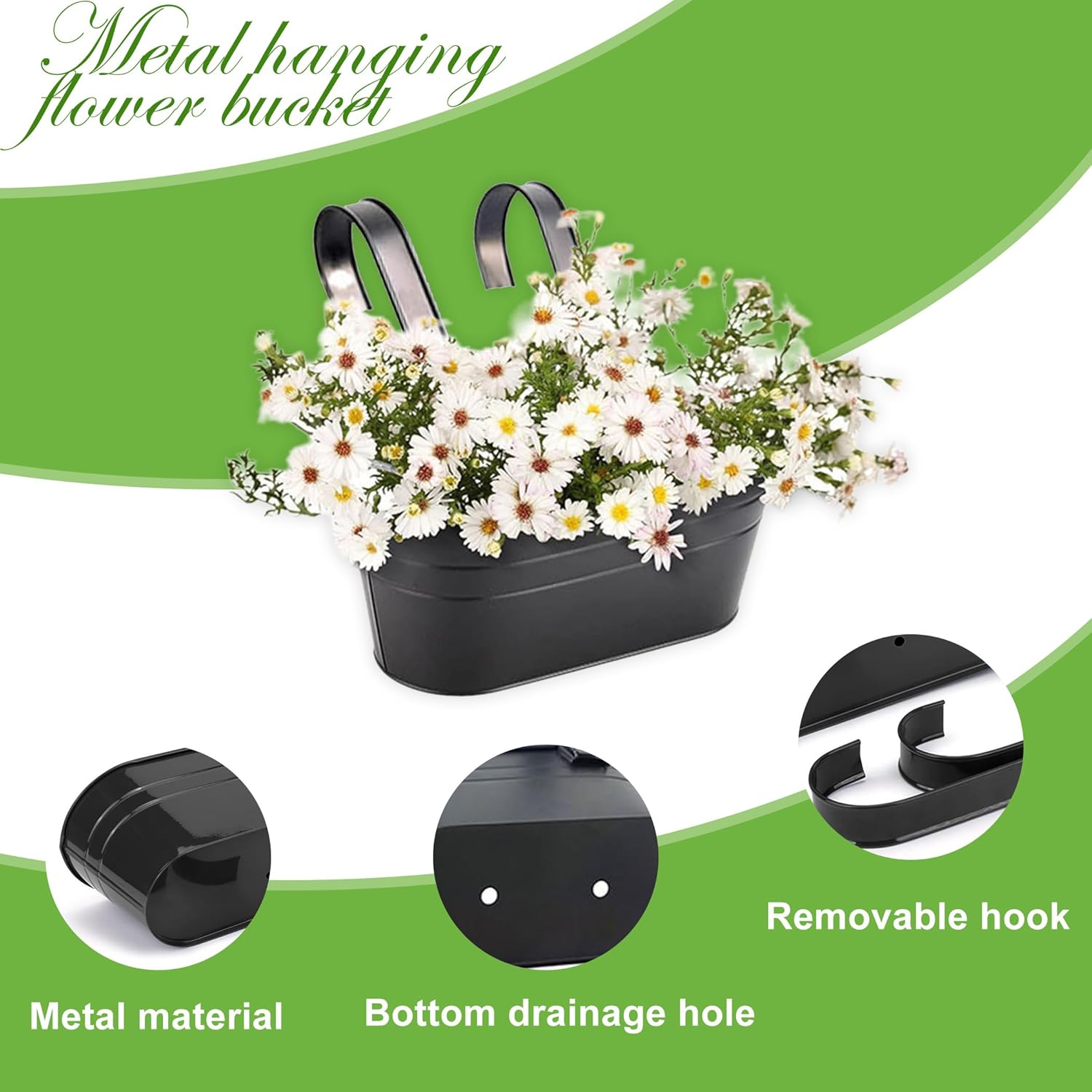 10.6" Oval Iron Hanging Flower Pots - Rust-Resistant Metal Planters with Detachable Hooks for Garden, Yard & Home Decor (Black，5 PCS)