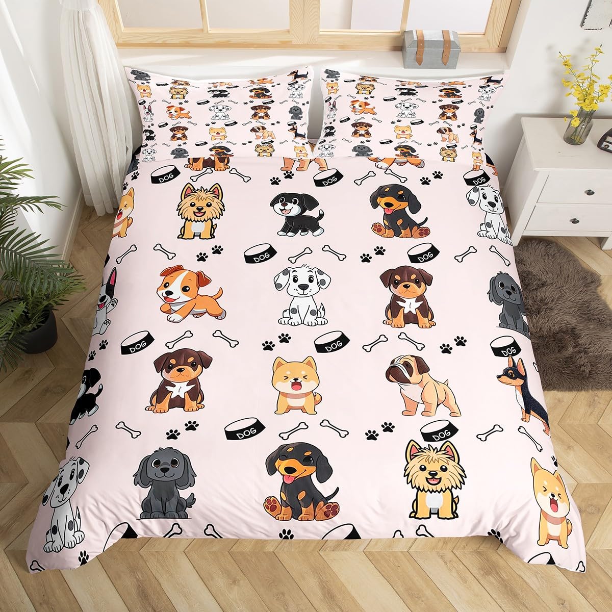 Parure de lit respirante motifs animaux mignons rose avec housse de couette lit 1 place