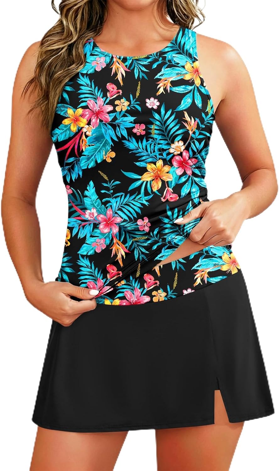 Women Two Piece Tankini with Skirt - Tummy Control High Neck Swimsuit with Built in Pockets 2025 Ladies Bathing Suit