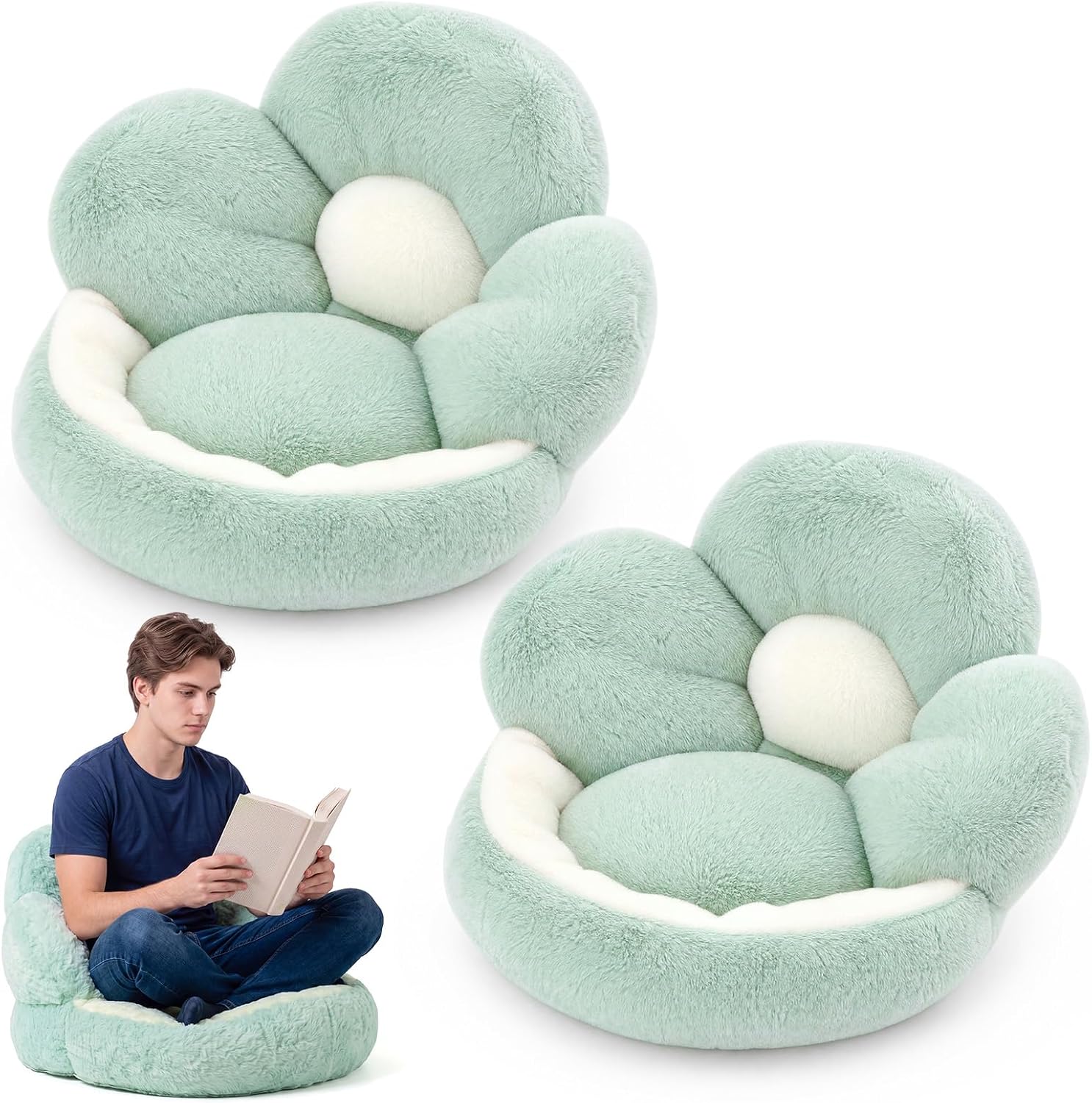 Lounsweer 2 Pcs Flower Shape Plush Seating Chair Cushion Cute Classroom Reading Corner Floor Pillow Seat Cushion Green Lazy Sofa Dorm Seating for Back to School Nursery Palyroom Bedroom Office Decor