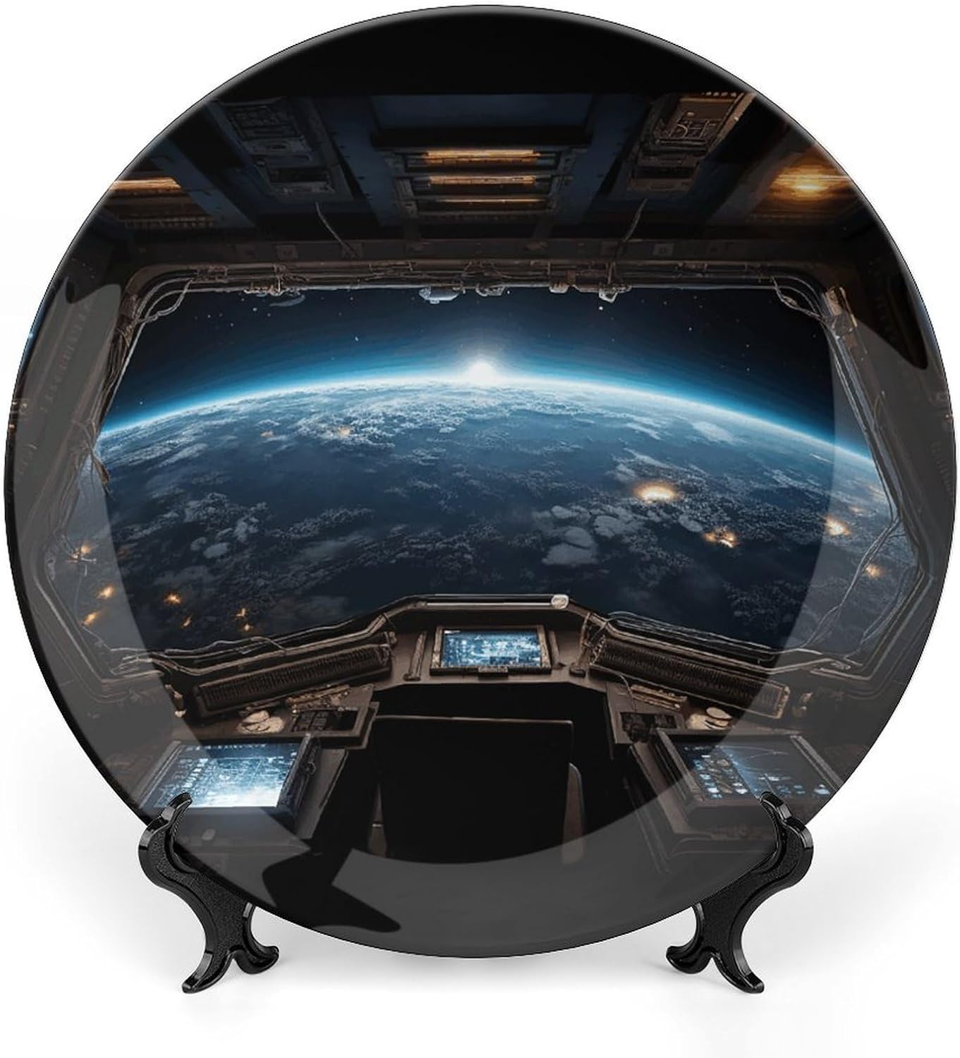 Outer Space Views from The Spaceship Decorative Plates for Display Personalized Bone China Plates Home Wobble-Plate with Display Stand Hanging Decorative Plate Wall Or Table Decor