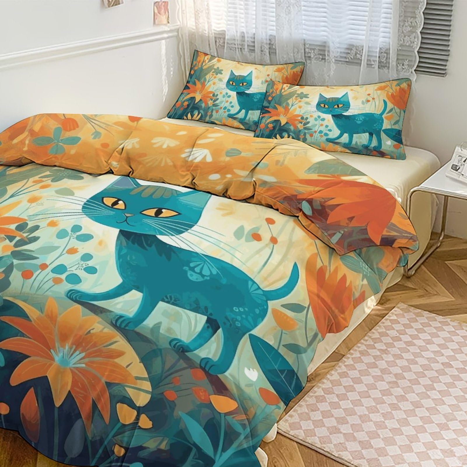 Housse de couette ultra douce et respirante 3 pièces à motif chat