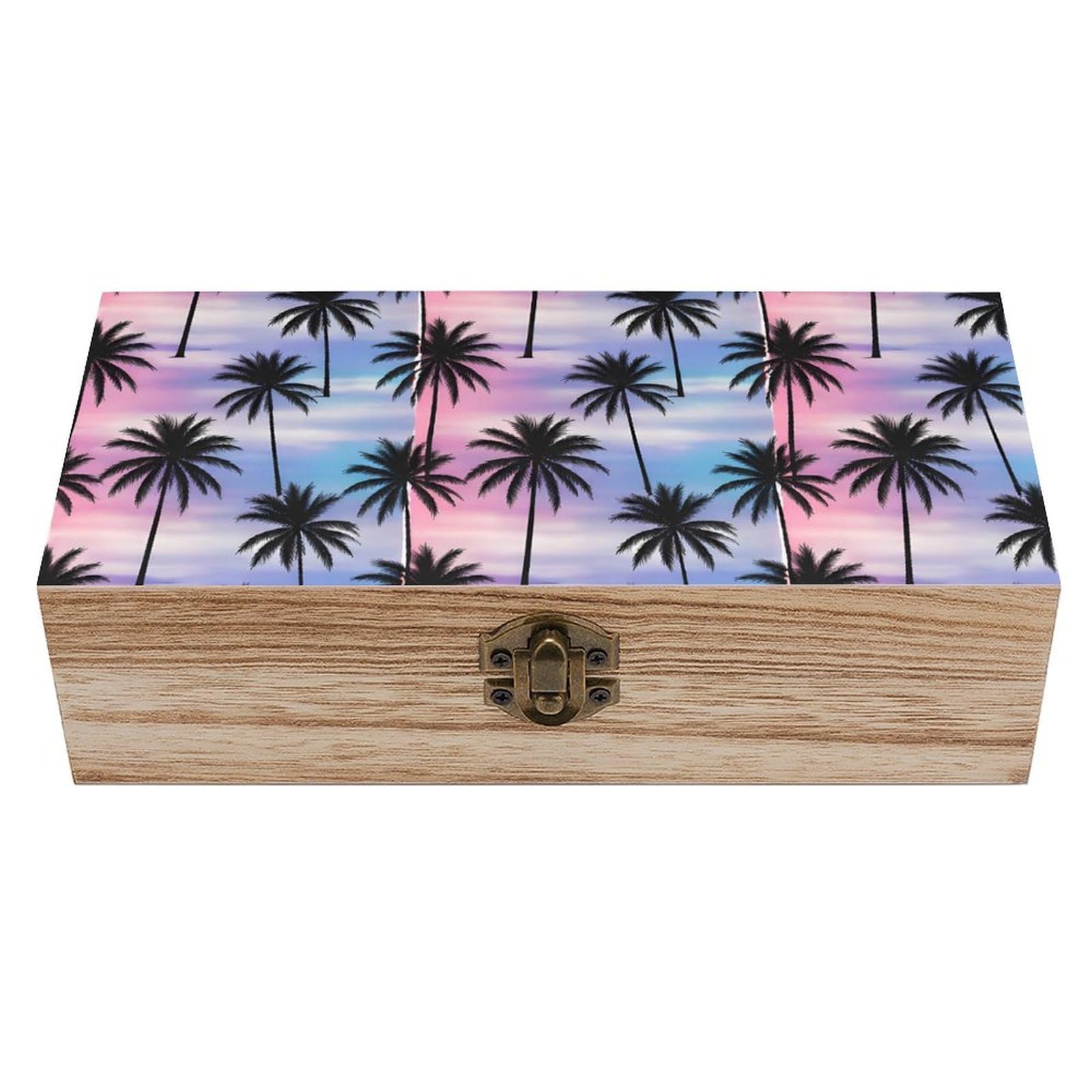 HLBSDM Purple Sky Palm Trees Wooden Storage Box