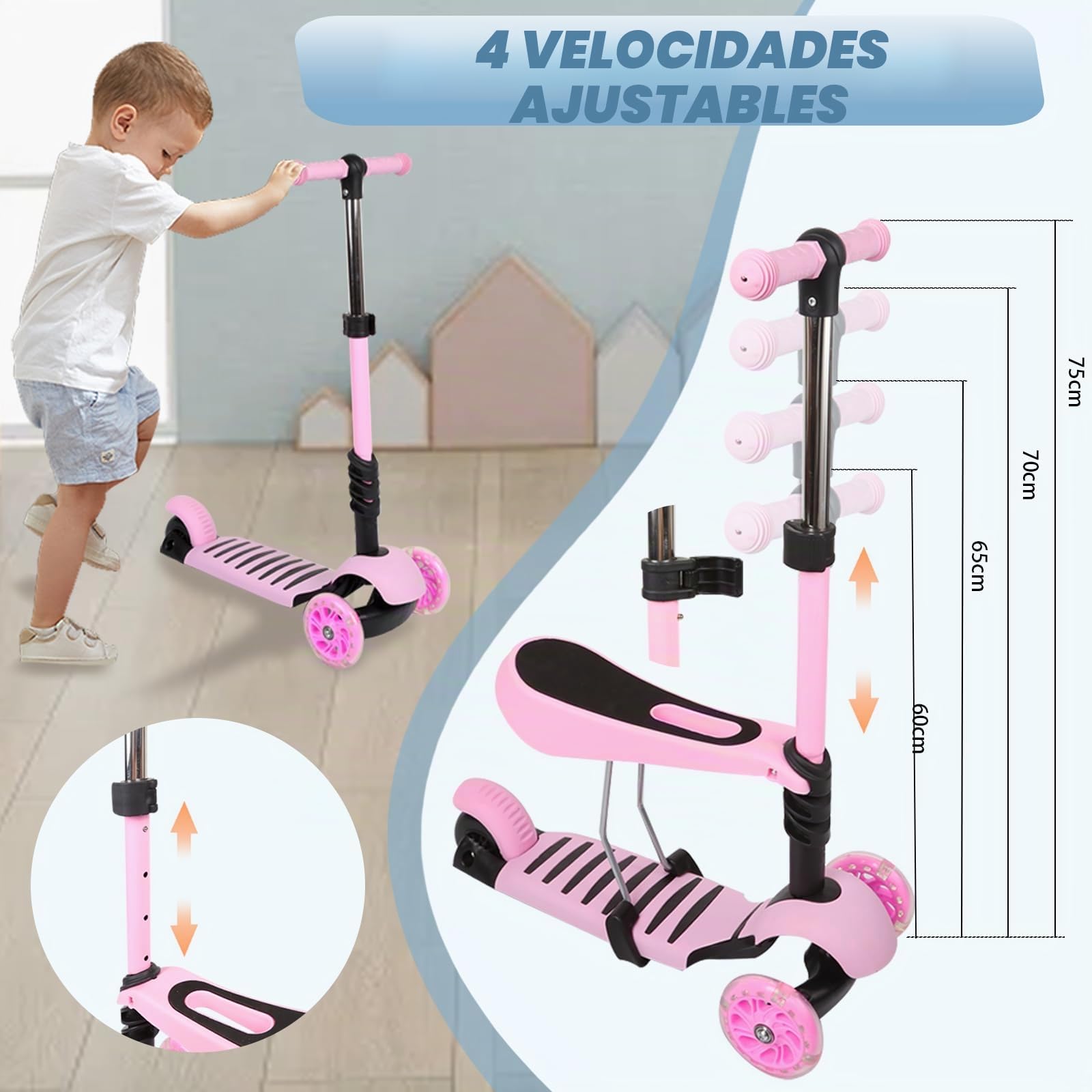 Patinete para niños Patinete 3 ruedas escalable 5 en 1 altura manillar ajustable bastón telescópico Sillín Respaldo extraíble para niñas y niños