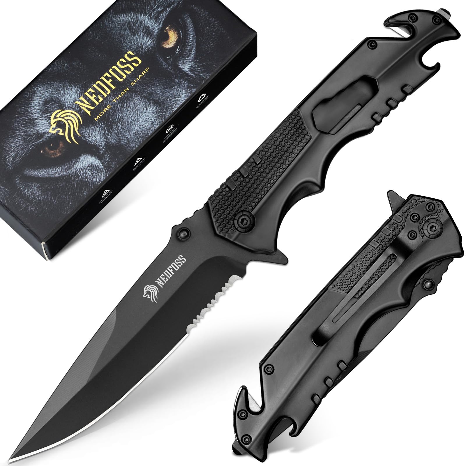 NedFoss FA48 Tactical Knife, 5-in-1 Serrated Pocket Knife for Men Women