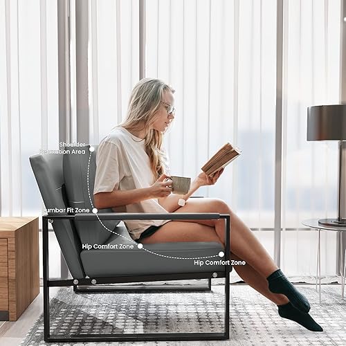 Miniatura 4 de Recaceik Sillas decorativas de cuero, sillón moderno de mediados de siglo con cojín ergonómico extragrande, marco de metal resistente, alfombrillas