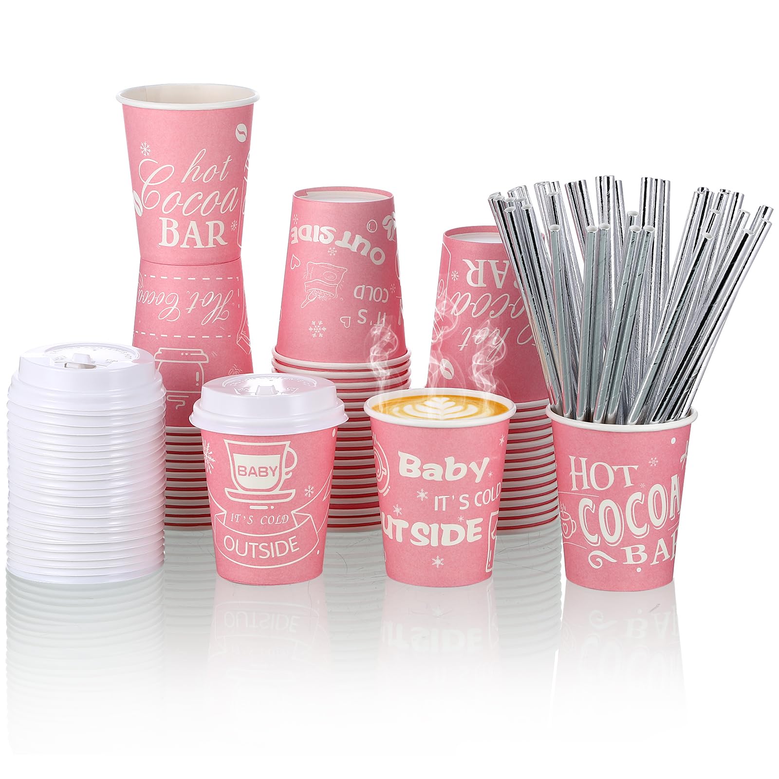 Photo 1 of 48 Pcs Hot Cocoa Bar Disposable Coffee Cups It's Cold Outside Coffee Paper Cup with Lid and Straw Disposable Coffee Cups Tea Cups for Christmas Baby Shower Party Supplies (Lovely Style, 9oz) Lovely Style 9oz