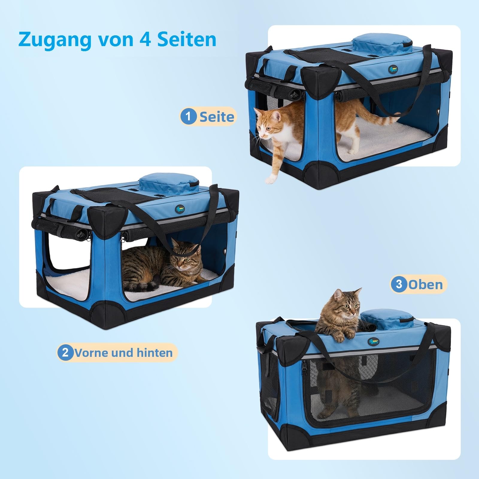 Ownpets 60x40cm Klappbarer Hundekäfig für Katze&Hundewelpe, Tragbarer Reisehundekäfig, 4-Türiger Faltenbarer Haustierkäfig mit Robusten Netzfenstern und Weicher Matte, Blau