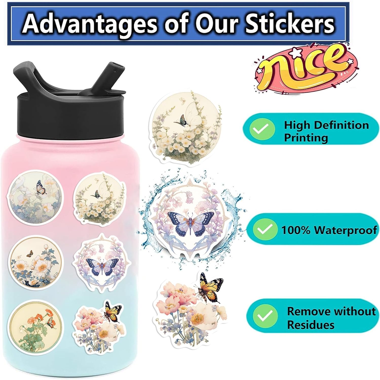 50PCS Butterflies in Stickers,Graffiti Aesthetics Waterproof Vinyl for Kids Girls Boys Teens Adults for Water Bottles Laptop Suitcase for Birthday Party Party Supply Decals as Gifts (Colourful-2) image 4