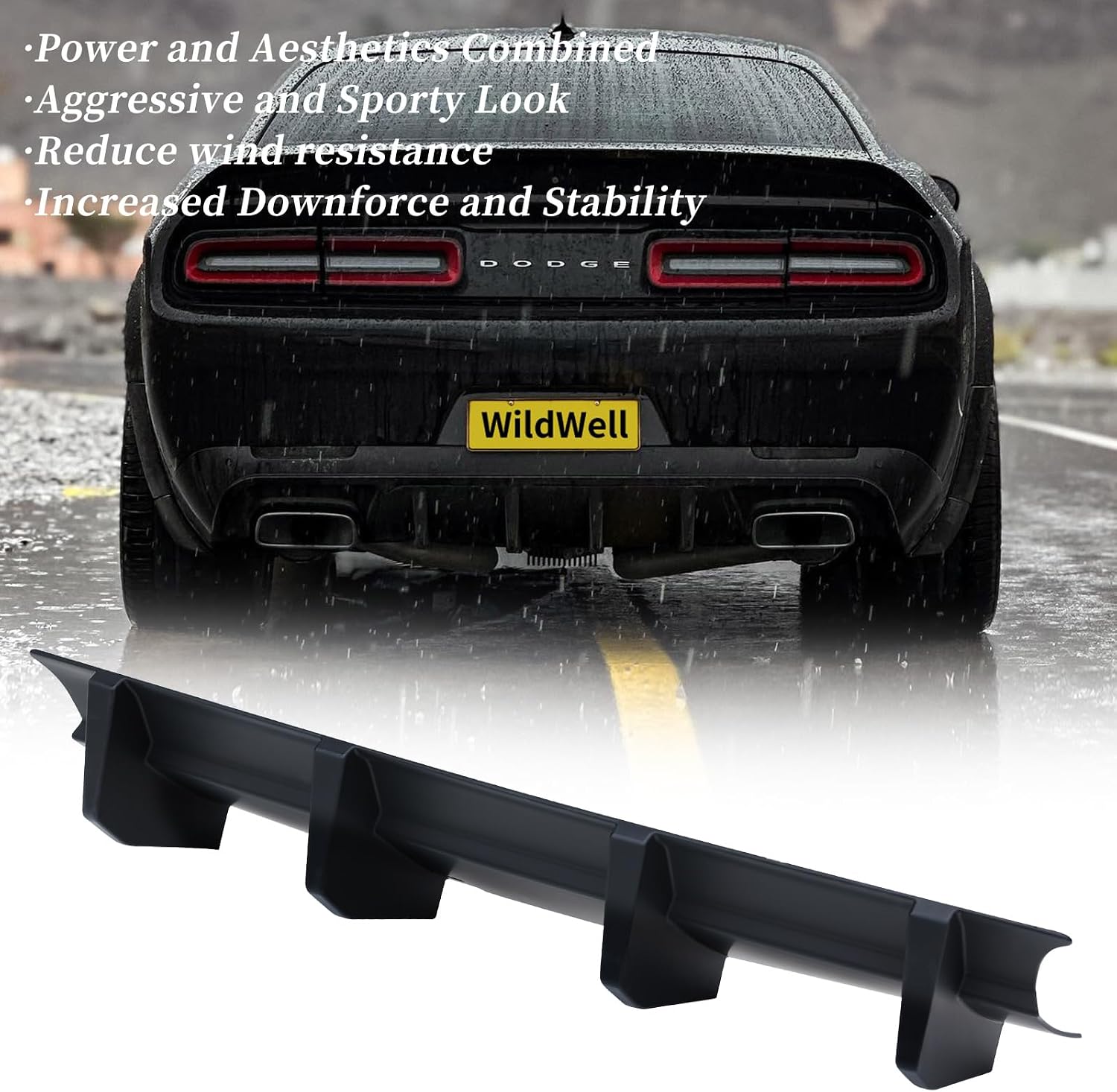 WildWell Rear Bumper Diffuser for 2015-2024 Dodge Challenger GT SXT SXT Plus Only, Challenger Rear Diffuser Lip Splitter Add-On with Shark Fins Style Matte Black