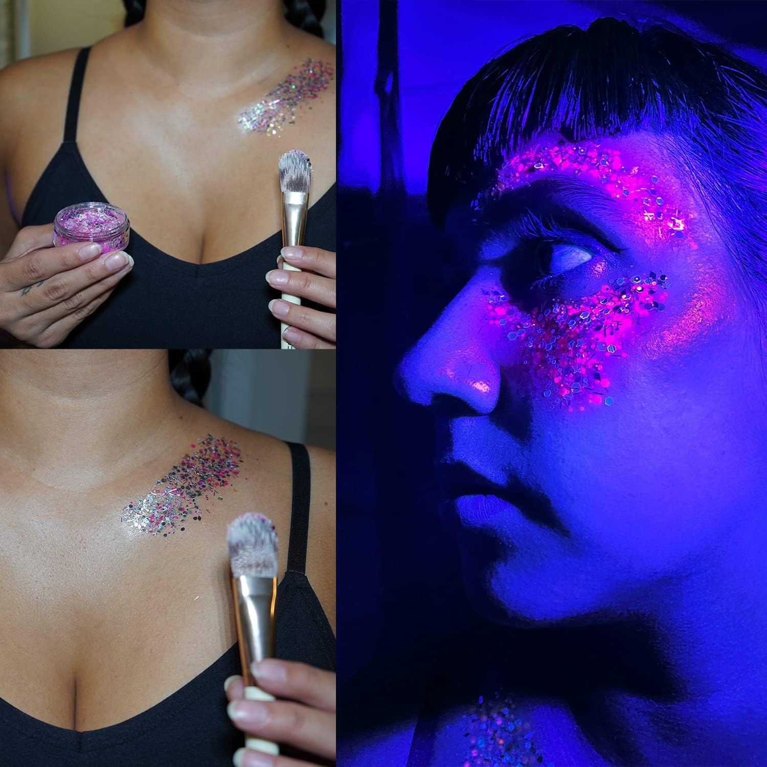 UV Black Light Holographic Chunky Cosmetic Glitter - 2 Individual Pink 30ml Jars - for Crafts, Festival, Rave, Yoga, Body, Face, Nails, Party Makeup - Colors are Ultraviolet Bright : Beauty & Personal Care