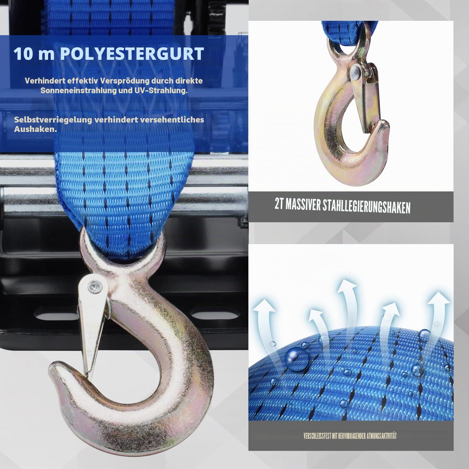 Bootsanhängerwinde, Handwinde, 1587 kg, robuster Haken mit 10 m Polyester-Gurt, Handkurbelwinde, Zwei-Wege-Ratsche, Bootswinde für Anhänger, LKW, ATV, Boot