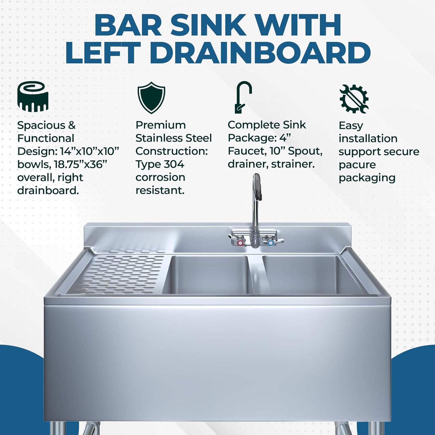 Commercial Stainless Steel Two Compartment Under Bar Sink with Left Drainboard 19" x 36"