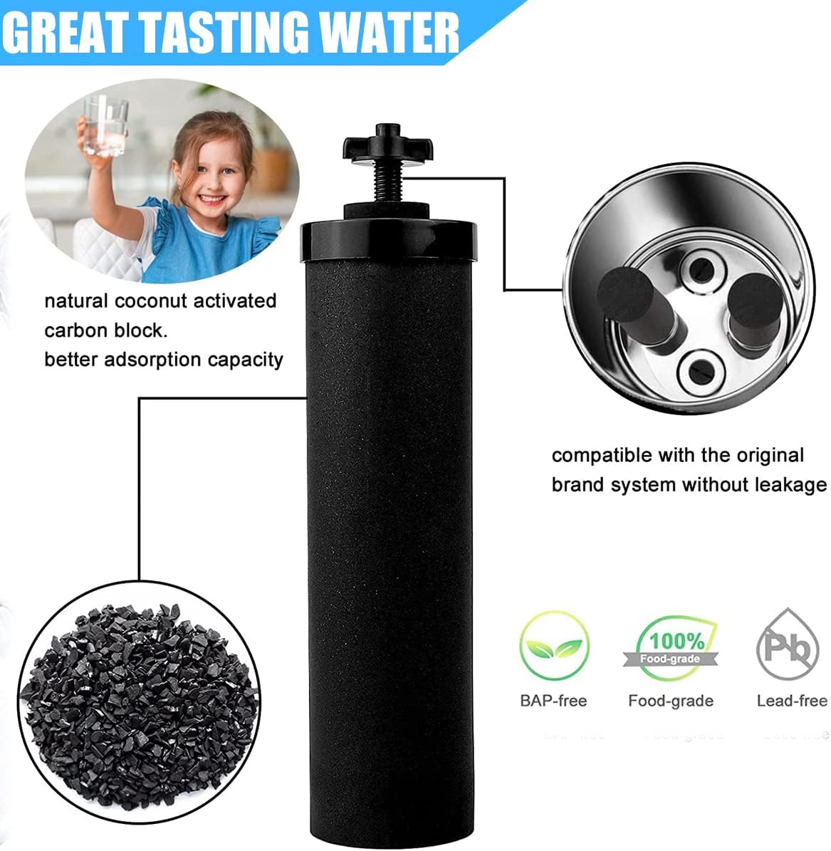 Water Filter Replacement Compatible with Big Berkey Filter Gravity Water Filter System Parts and Accessories, NSF/ANSI 42&372 Certified (4 Pack) BB9-2® Black Berkey Water Filters Cartridges