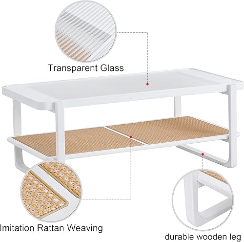 Miniatura 7 de Mesa de centro moderna minimalista blanca de doble capa de madera maciza. Mesa de cristal, mesa con borde de ratán de imitación. Mesa rectangular