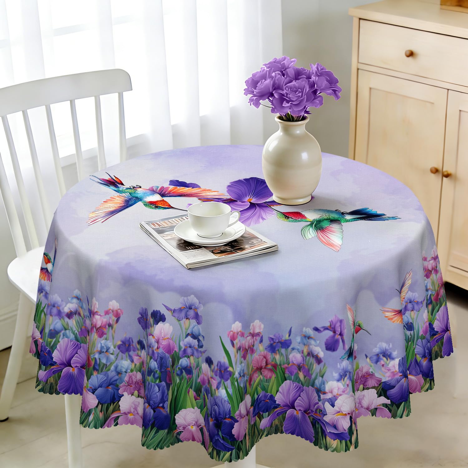 iEvery Purple Floral Round Tablecloth Wipe Clean 120cm, Wipeable Circular Table Cloth Waterproof Stain-Resistant Polyester Table Cover for 2-4 Seater Dining Kitchen Patio Garden Outdoor Home Decor โ image 1