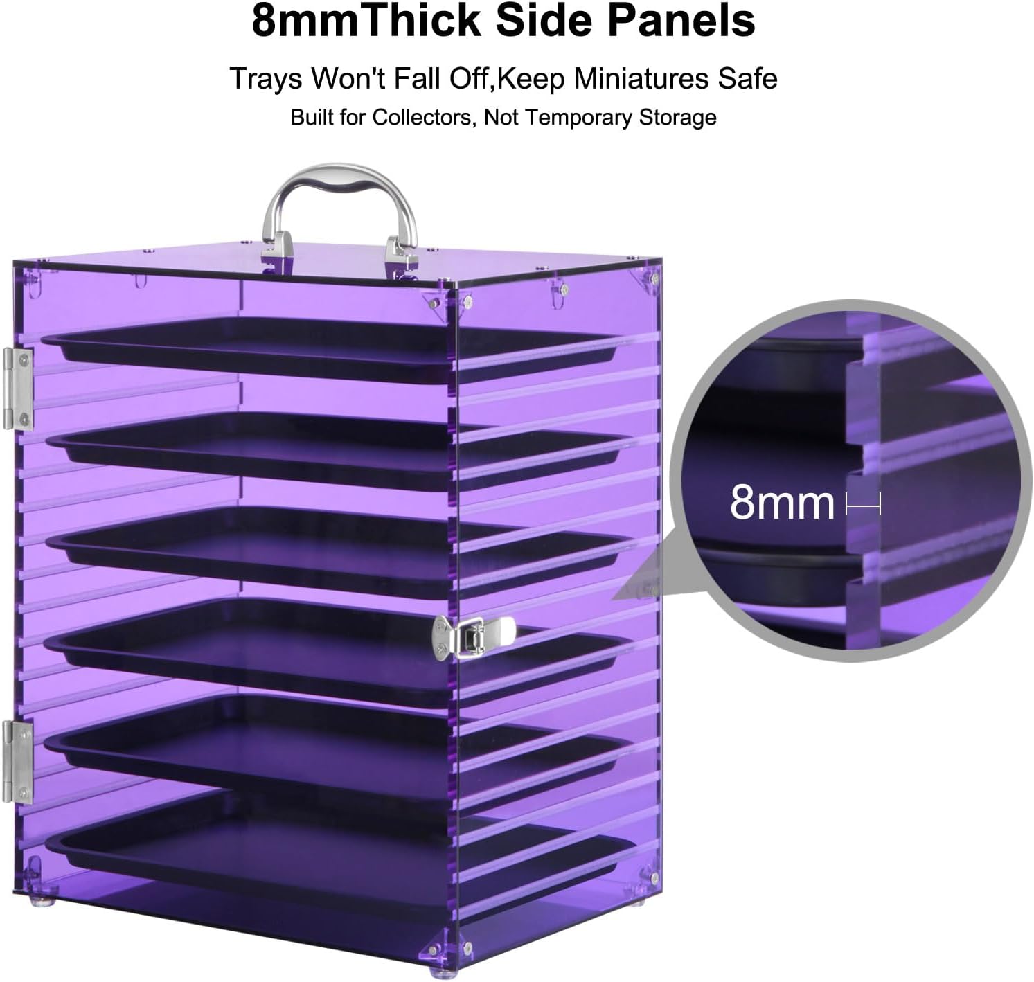 Acrylic Miniature Carrying Case with 6 Magnetic Metal Trays, Display & Transport Storage Case with Protective Door,Compatible with Warhammer 40K Miniatures (Purple, Large)