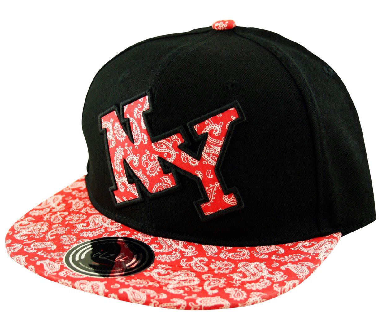 Itzu Men's Black And Red Snapback Baseball Cap Hat Bandana Paisley Print Ny New York Flat Peak Adult Black & Red
