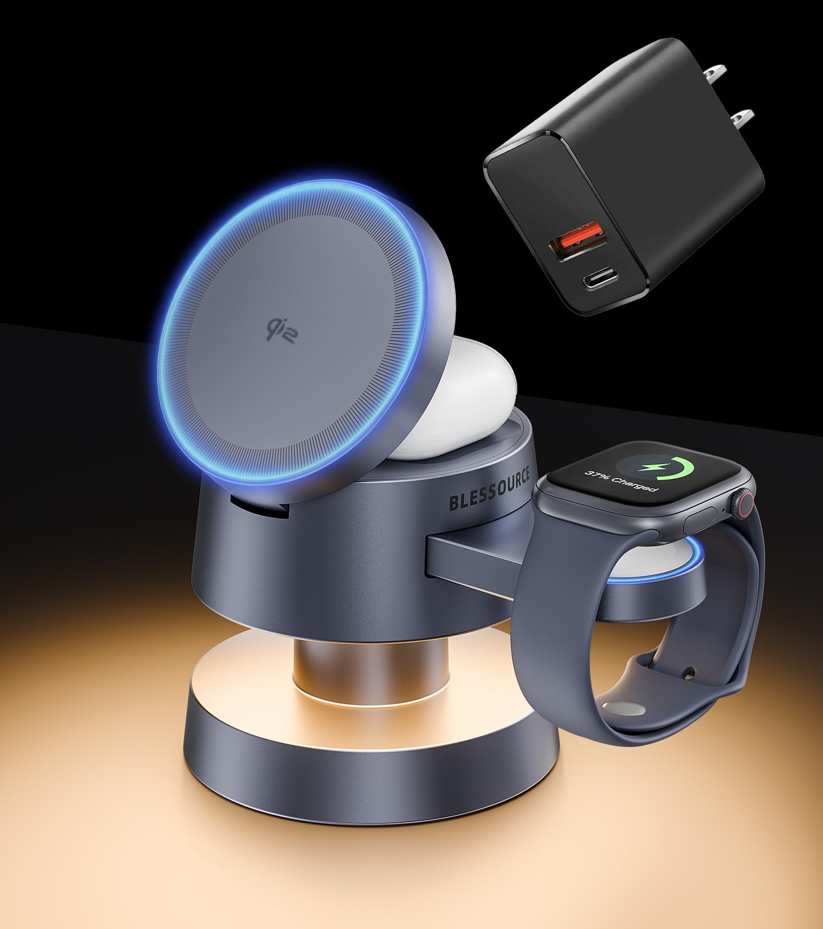 Qi2 Support de chargeur sans fil 4 en 1 avec veilleuse pour appareil Apple