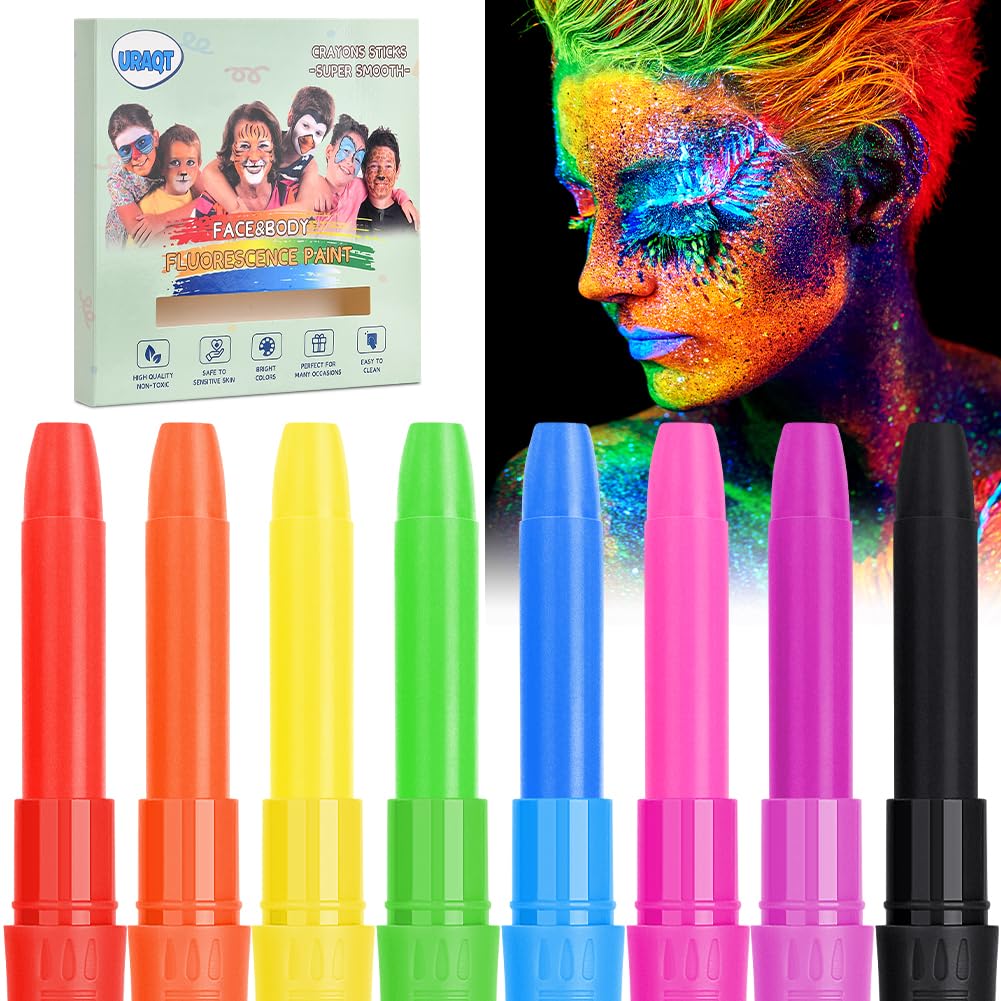URAQT Farby do twarzy dla dziecko, 8 kolorów fluorescencyjnych UV, bezpieczna nietoksyczna farba do ciała i twarzy, brzucha ciążowego, na Halloween, święta, Cosplay
