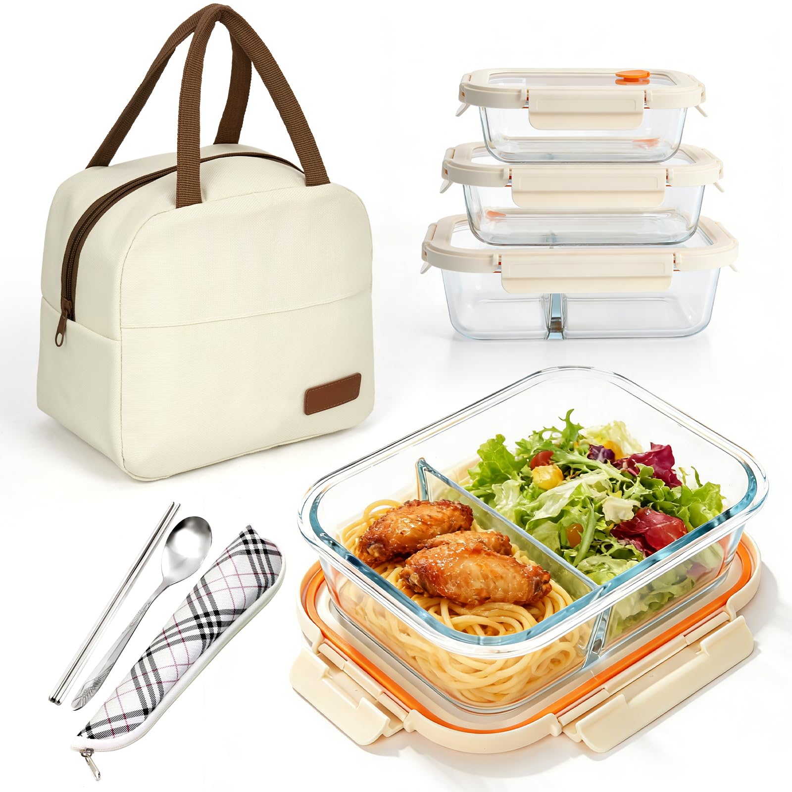 RAIN QUEEN 3 Piece Set Rectangular Lunch Box, Includes Storage Bag, Cutlery