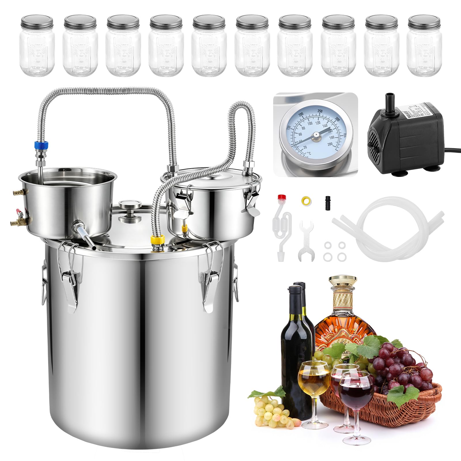 VEVOR Kit de Destilador de Alcohol 50 L con 10 Frascos de Vidrio de 473 ml, Alambique con Accesorios, Con Termómetro de Doble Escala, Bomba de Agua, Para Elaborar Whisky, Vino, Brandy en Casa