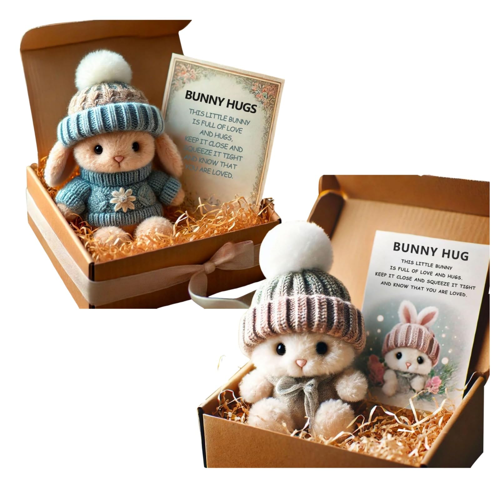 Mini Bunny Hug Cute Easter Gift, Mini Bunny Hug in Box, Emotional Support Positive Crochet Bunny with Inspirational Card, Handmade Plush Pocket Hug Rabbit Doll for Kids Family Friend (2PCS-c)
