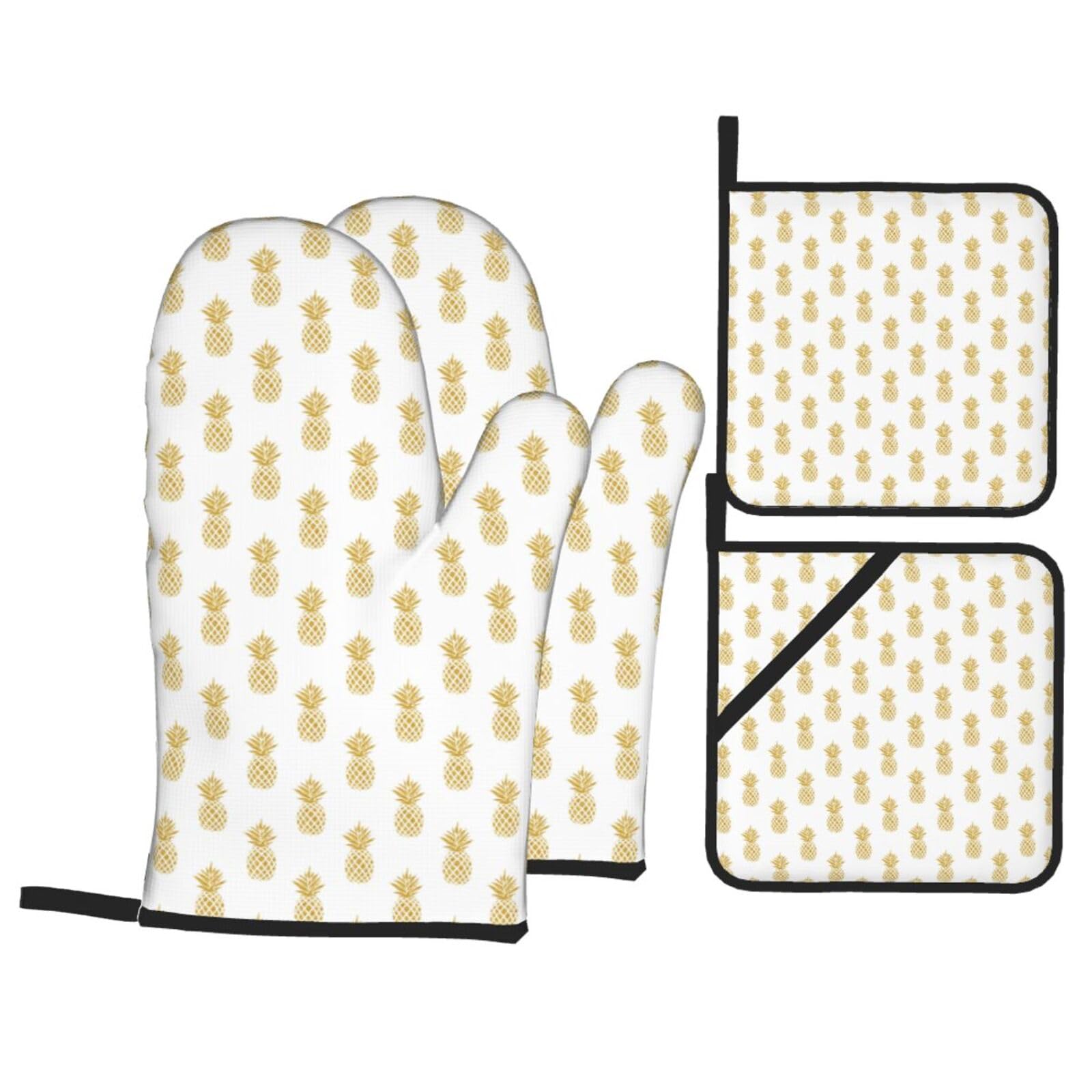 Gold Pineapple Background Print Stylish Heat-Resistant Oven 4-Piece Set Kitchen Gloves Roasting Daily Cooking