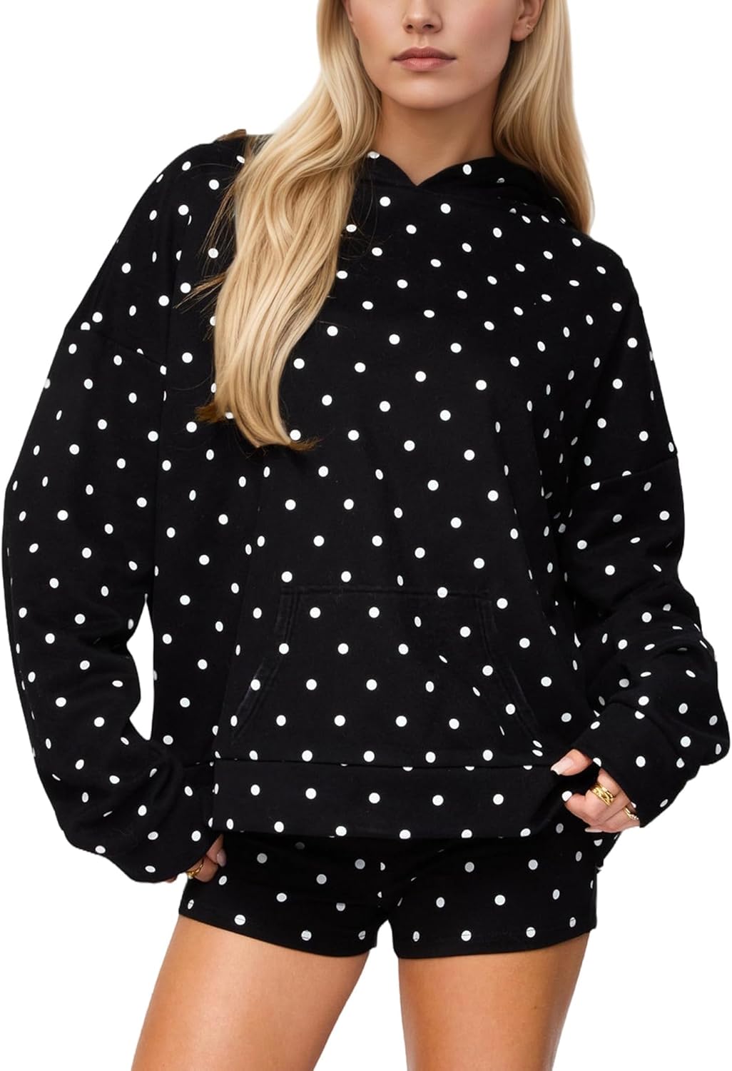Womens Polka Dot Hoodie Oversized Fleece Graphic Print Hooded Sweatshirt Long Sleeve Drop Shoulder Hoodies