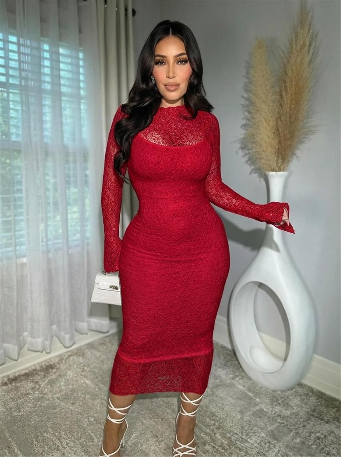 Women's Elegant Bodycon Midi Dress Lace Party Cocktail Wedding Guest Dress