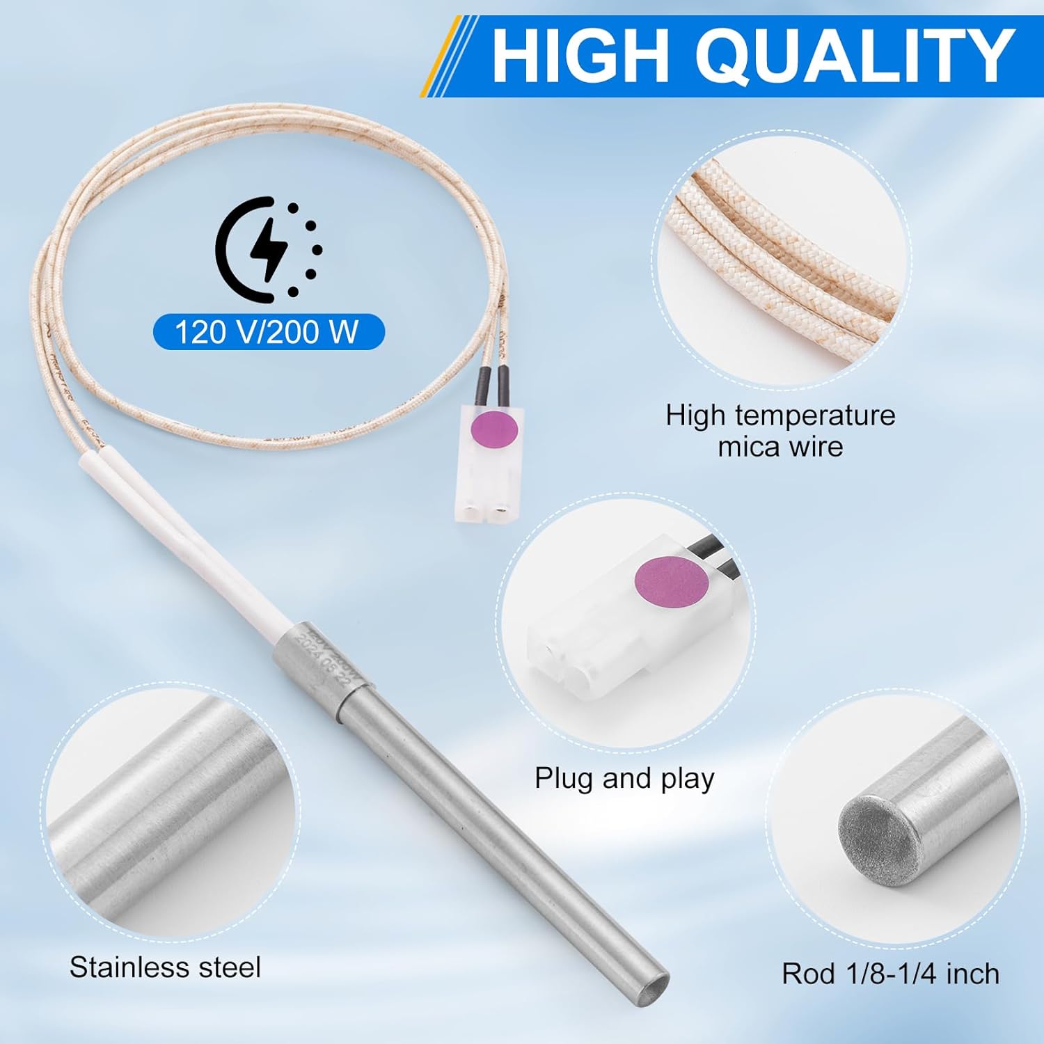 Close-up view of the ignitor components, highlighting stainless steel, high temperature mica wire, and the plug-and-play connector.