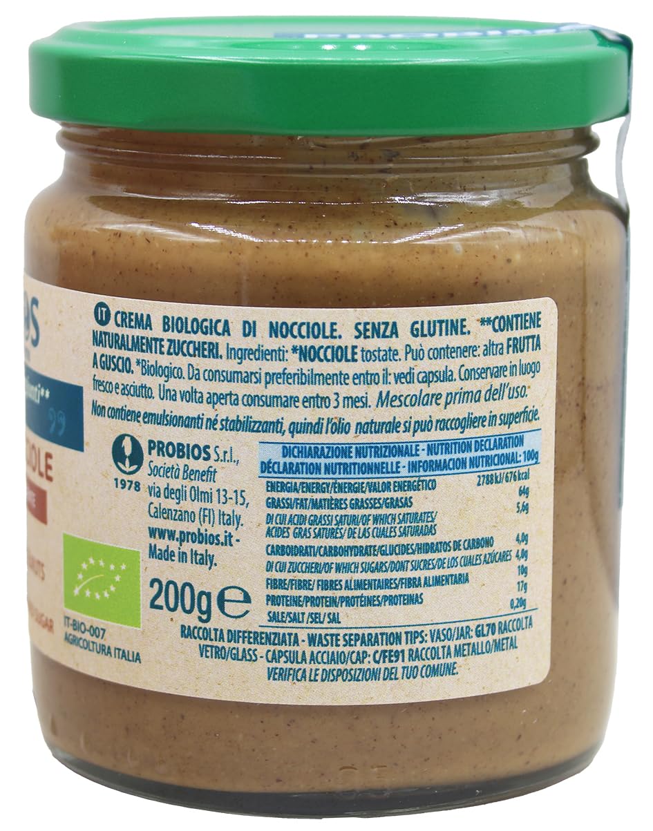 Probios Crema nocciole italiane biologiche - Senza glutine e crema nocciole 100 pura senza zucchero - Perfetta per dolci, colazione e dessert - Confezione da 6 x 200 g