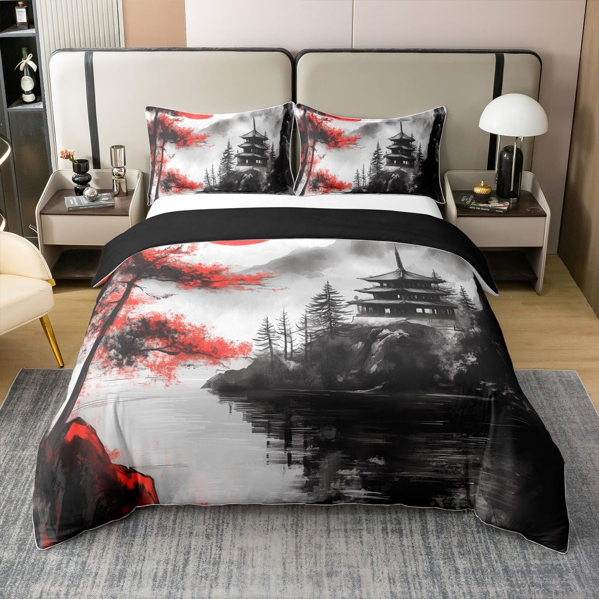 100% Baumwolle Bettbezug Kirschblüte Bettwäsche Set 200x200 Japanische Tradition Stil Tröster Abdeckung Kinder Jungen Mädchen,Retro Aquarell Bett Set Landschaft mit 2 Kissenbezüge Schlafzimmer Dekor