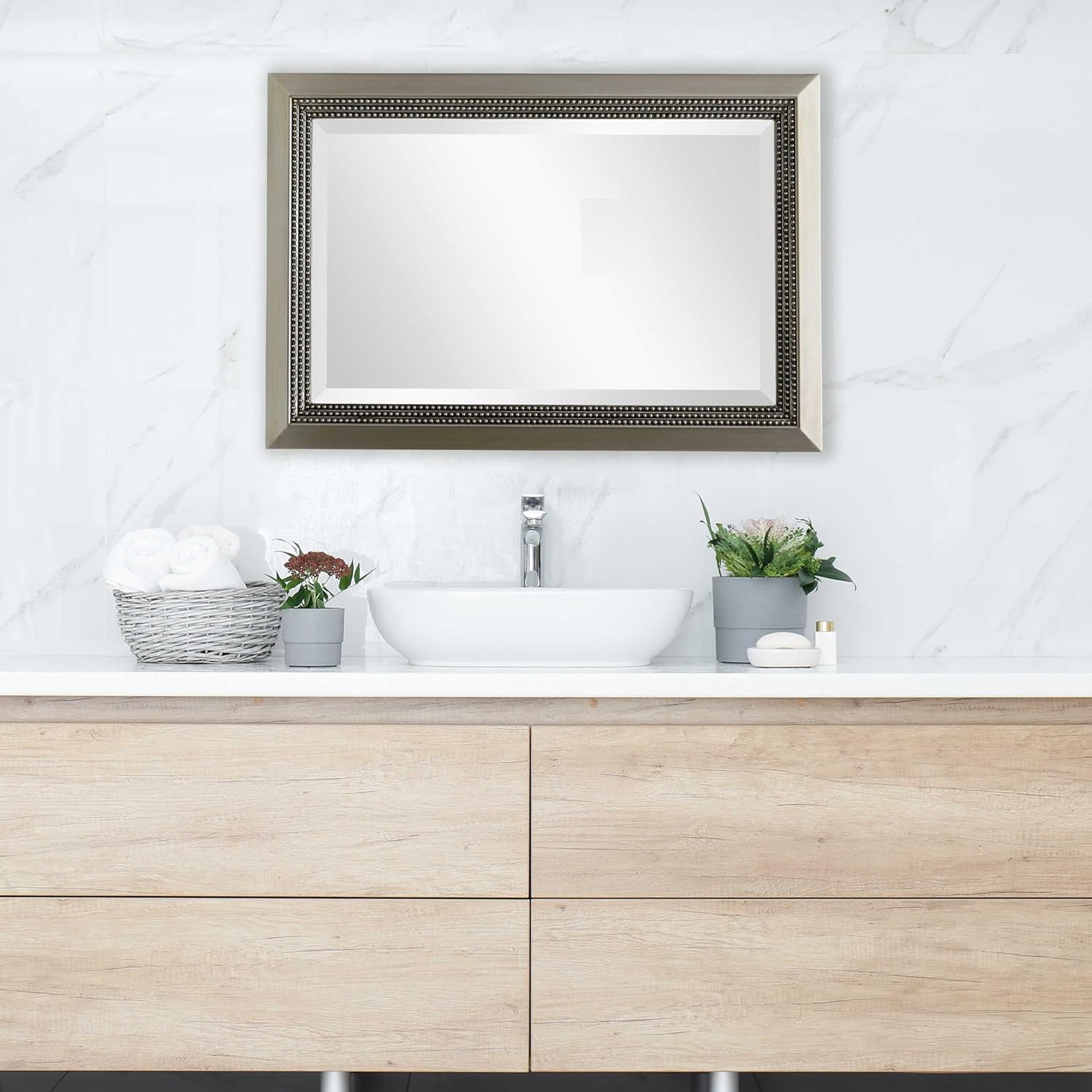 Spinner Moss + Fig Rondelle Mirror | Rectangle Wall Mirror Finished in Warm Silver (24 in. W x 36 in. H x 1 in. D)