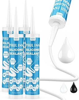 PAULINN Silicone Caulk White, 100% Silicone Sealant Waterproof for RV, Kitchen, Bath, General Use, Window, Door, Glass, Marine, 10.2 Oz, 4 Packs