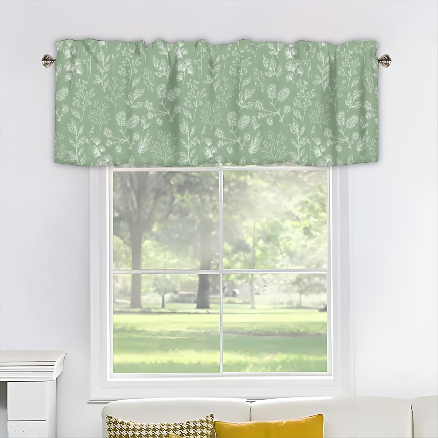 Sage Green Leaves Curtain Valance for Windows Spring Summer Plants Window Treatments 2 Pack Short Curtains for Kitchen Windows Bathroom Bedroom,54 x 18 Inch