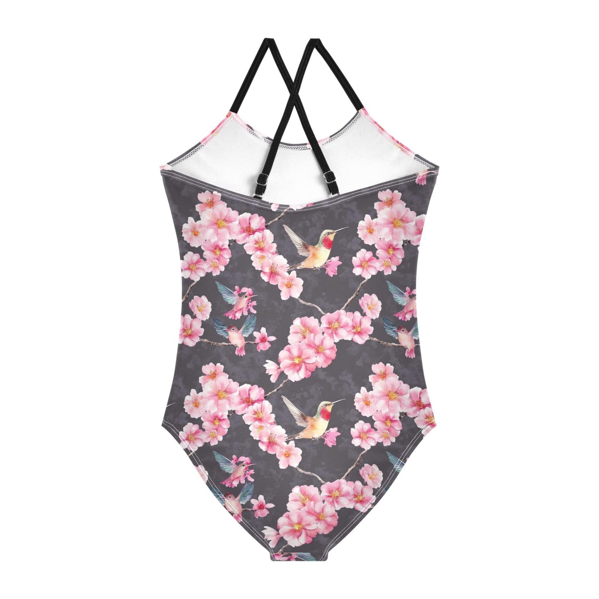 Yuiboo Toddler Girl Swimsuit 1-Piecing Toddler Bathing Suit Girl Toddler Girl Swim Suit Girls' Swimwear Seamless Watercolor Cherry Blossoms and Hummingbi