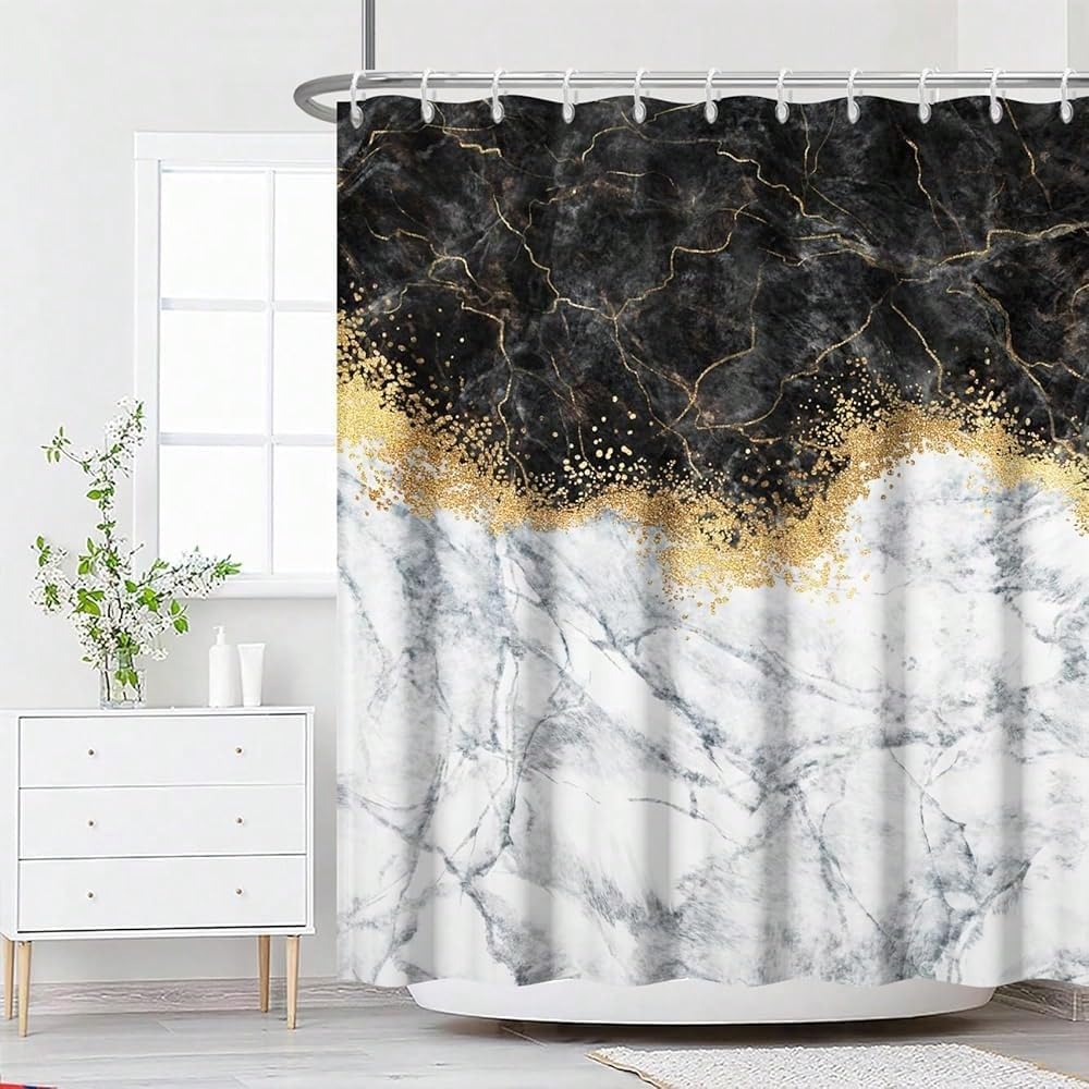 Schwarzer Goldener Marmor-Duschvorhang mit Abstrakter Glitzer-Granitstruktur, moderner Luxus-Tintenkunst-Duschvorhang für Badezimmer (240 x 199 cm / 94 x 87 Zoll (B x H))