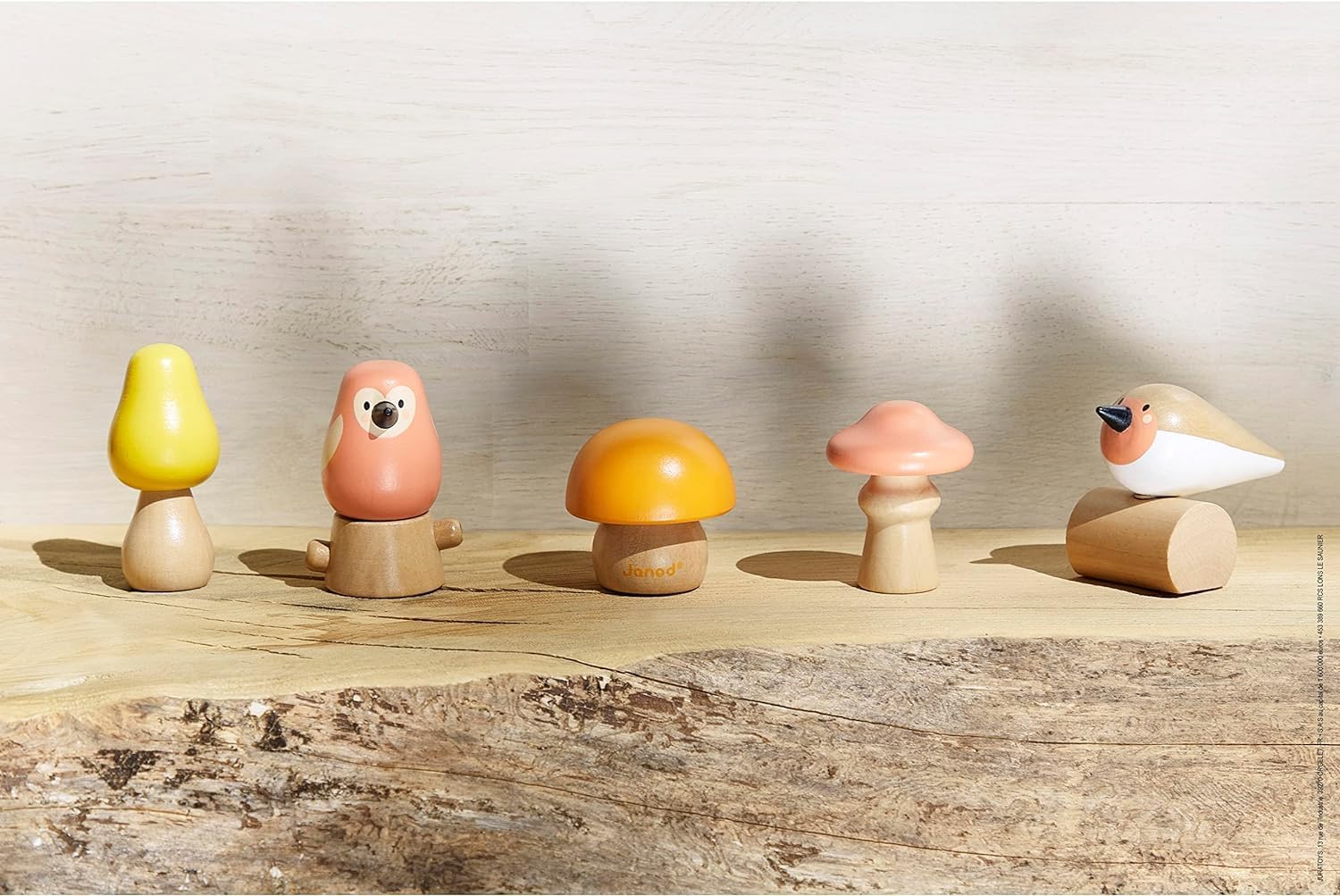 Janod 2 Birds and 3 Screw-On Mushrooms for Awakening and First Age Develops Dexterity - FSC-WWF Partnership Wooden Toy from 18 Months, Multicoloured, One Size