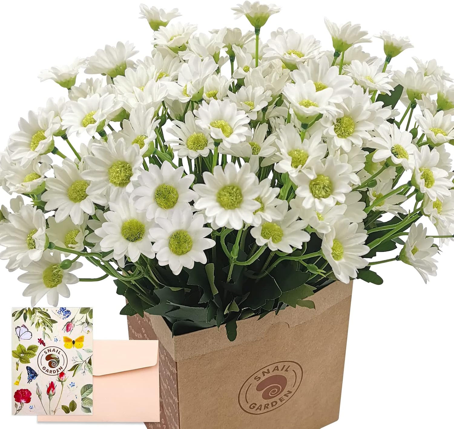 SNAIL GARDEN 6 Bunches Artificial Daisy Flowers with Paper Bag,126 Heads Silk Daisy Spring Wildflowers with Greeting Card for Home Office Baby Shower Wedding Bridal Flower Bouquet