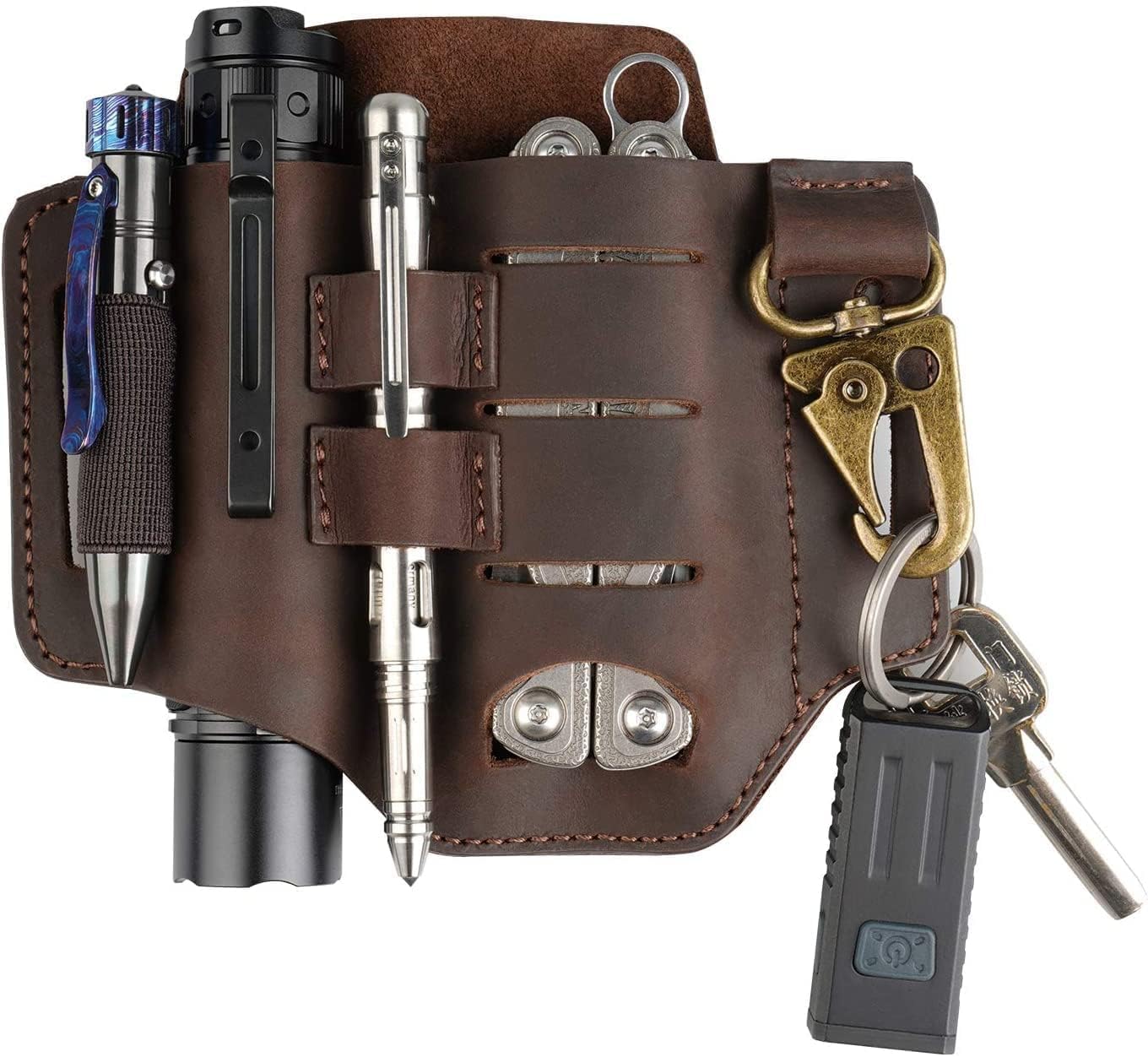 VIPERADE PJ16 Cuir EDC Sac Fourreau en Cuir Organisateur en Tactique Multi Porte-Outils Sac en avec Porte-clés pour Outils de Lampe de Poche Camping en Plein air (Brun)