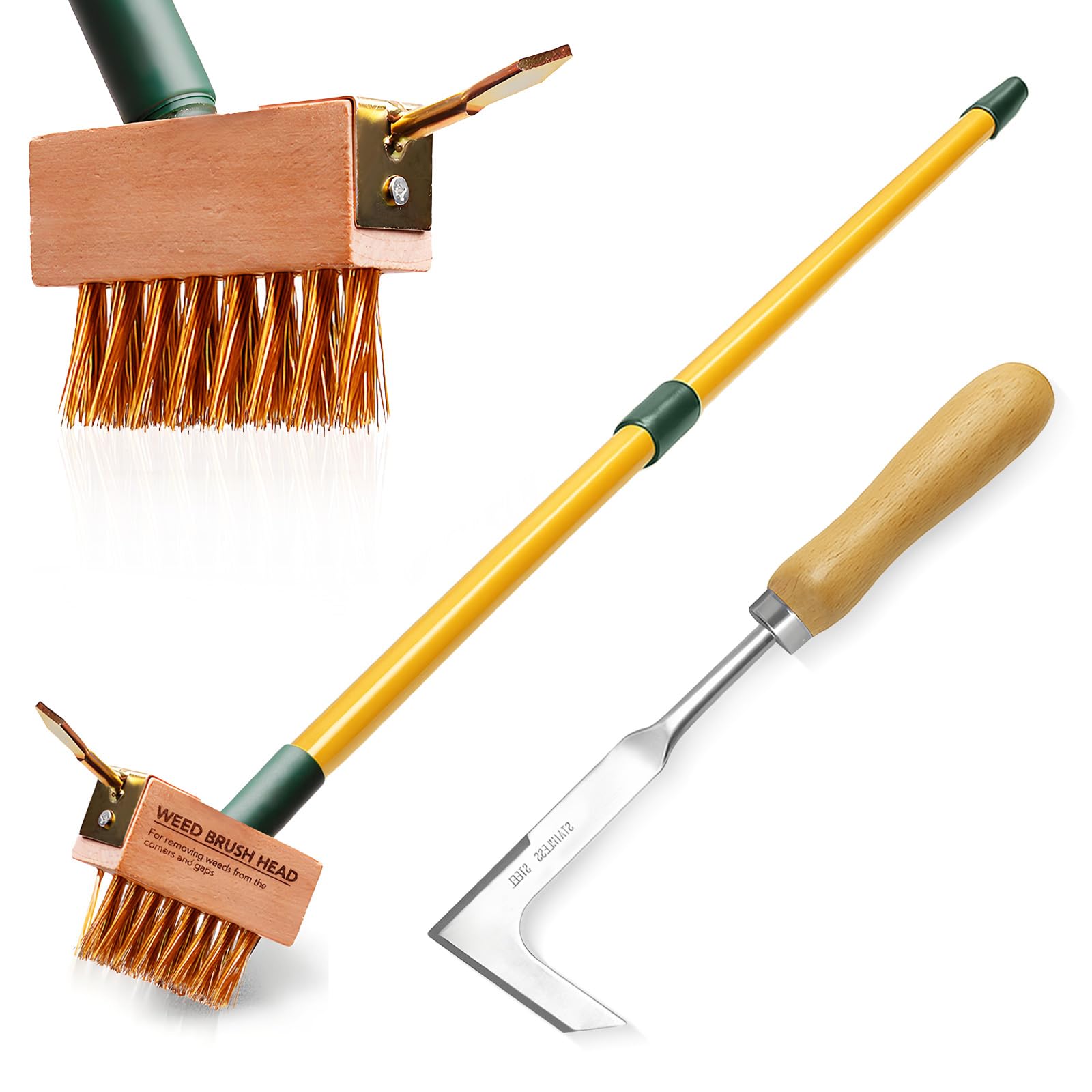 XSSIVE Cepillo extensible telescópico para jardinería con cerdas de alambre en ángulo, cabezales de repuesto y raspador de desmalezadora para eliminar malas hierbas, musgo y algas de patios, entradas