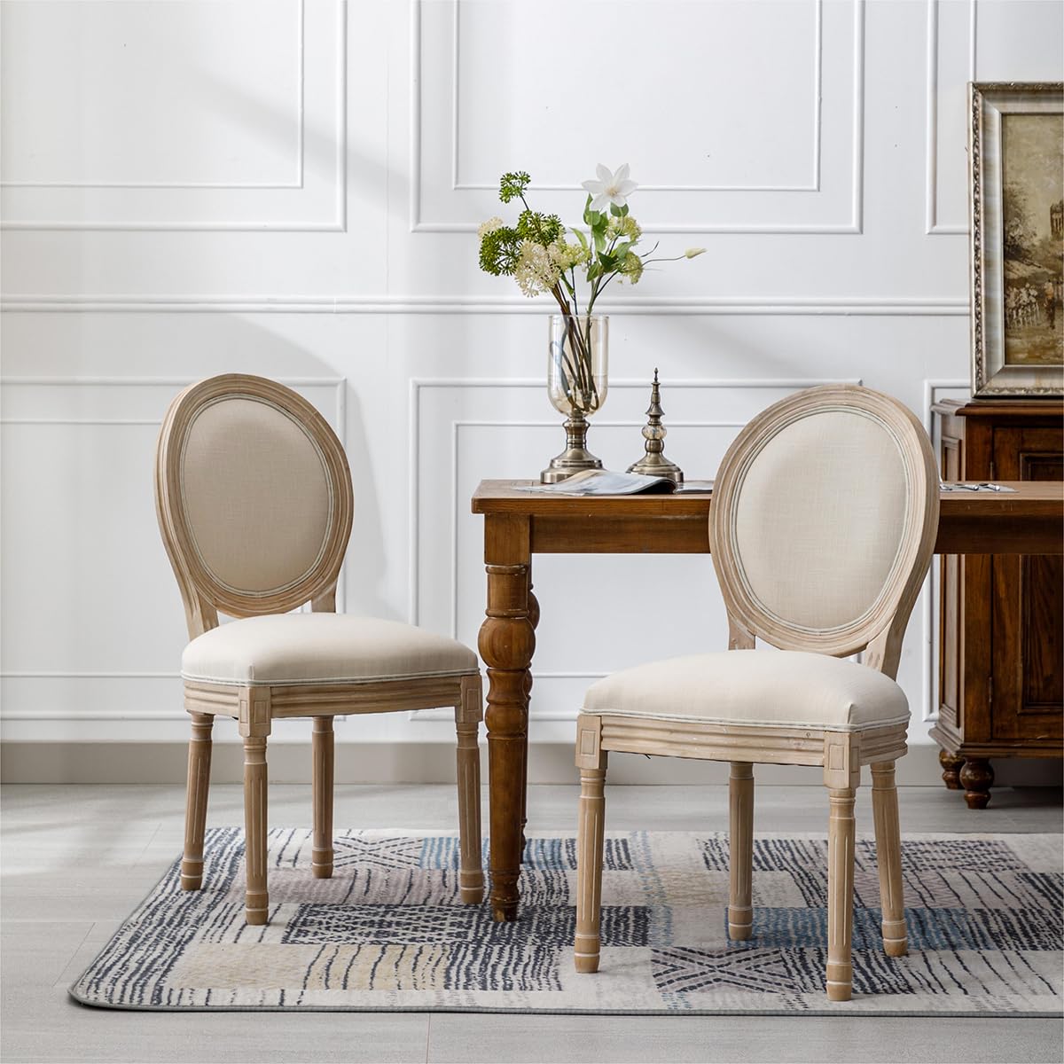 French Country Solid Wood Dining Chairs Set of 2 – Cream Linen Upholstered Oval Back Chairs with Antique Painted Finish