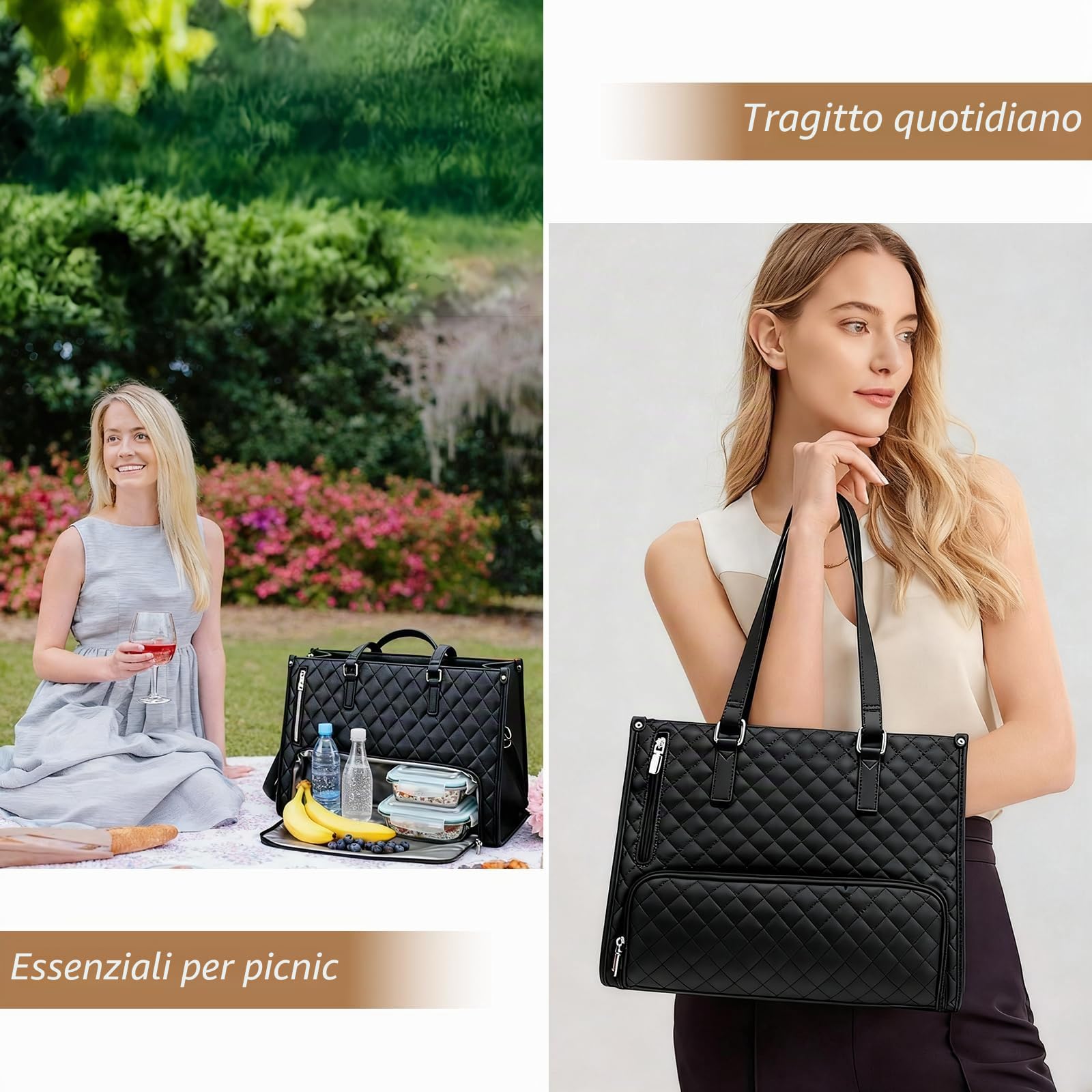 Borsa Pranzo Donna 15,6 Pollici con Vano Termico, Borsa da Lavoro 2-in-1 per PC Portatile con Scomparto Isolato per il Pranzo, Tracolla Regolabile Lunga Nero