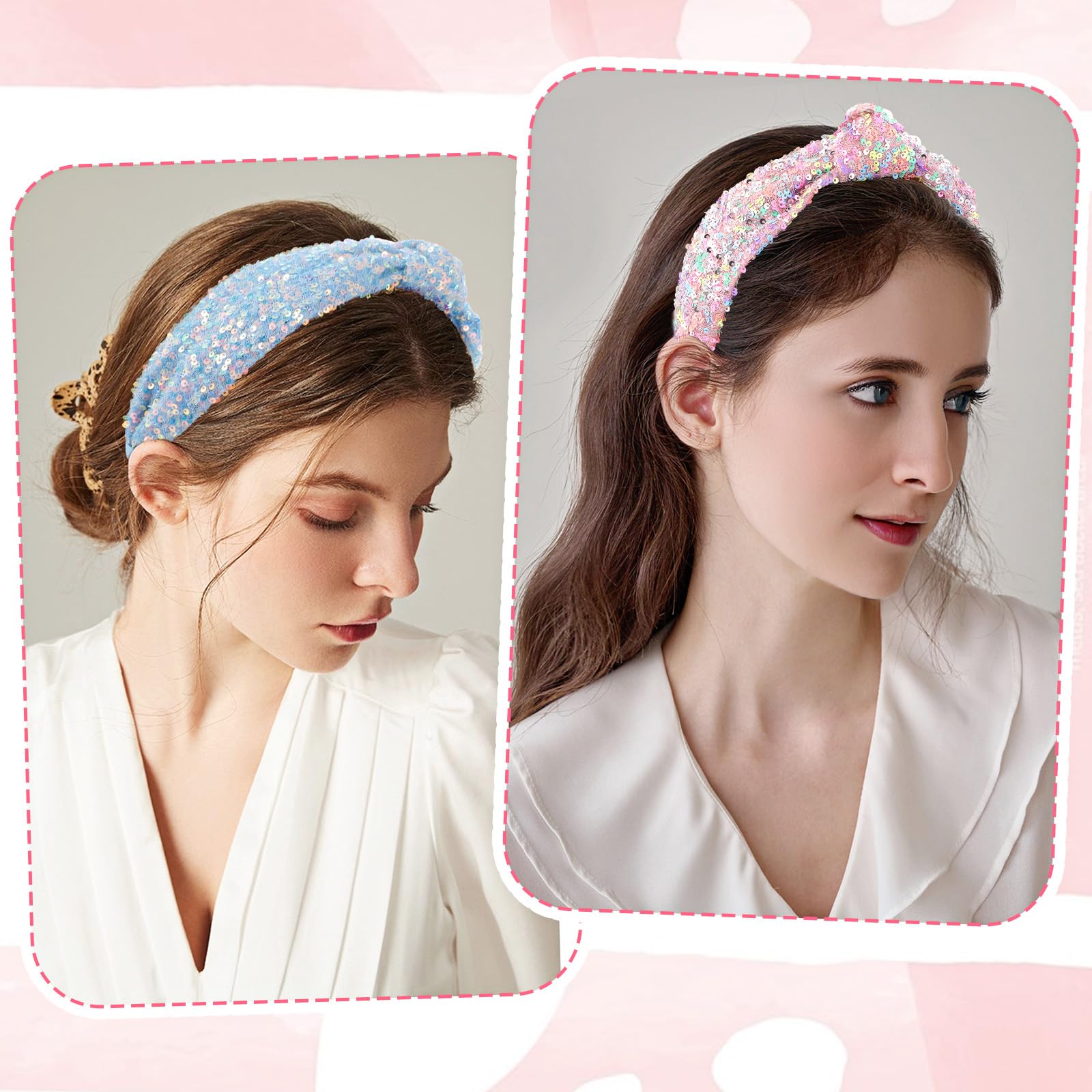 2Pcs Glitter Headbands for Girls Cute Sparkly Wide Thick Head Bands Bling Non Slip Hairband Rainbow Sequin Fashion Knotted Headbands for Women Colourful Iridescent Headware for Christmas Costume Decor - Image 4