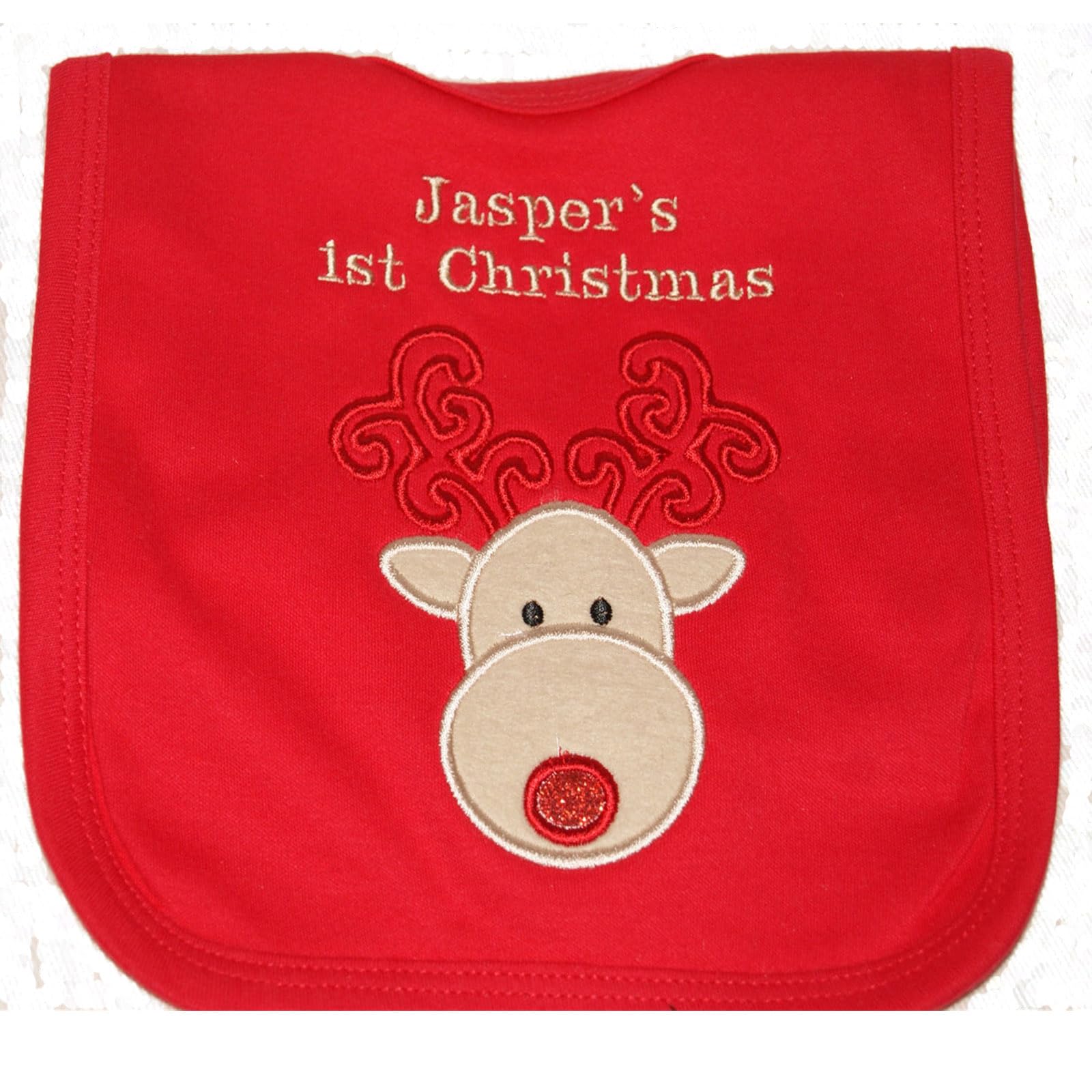 Sew Sew Special Unisex Baby’s Personalised Applique Reindeer 1st Christmas Bib (Red)