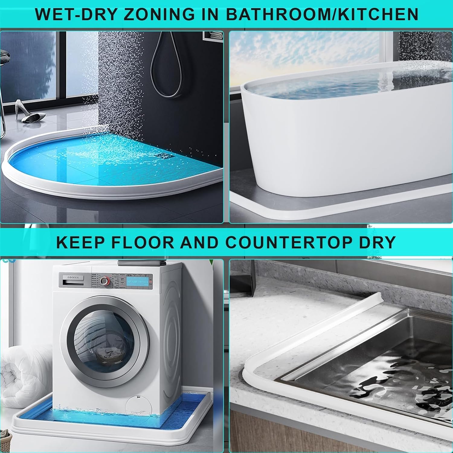 Hi-Na 3ft/5ft/6ft/8ft10ft Collapsible Shower Threshold Water Dam Water Barrier for Shower and Water Stopper Keeps Water Inside Water Threshold for Wet and Dry Separation (10ft, White)